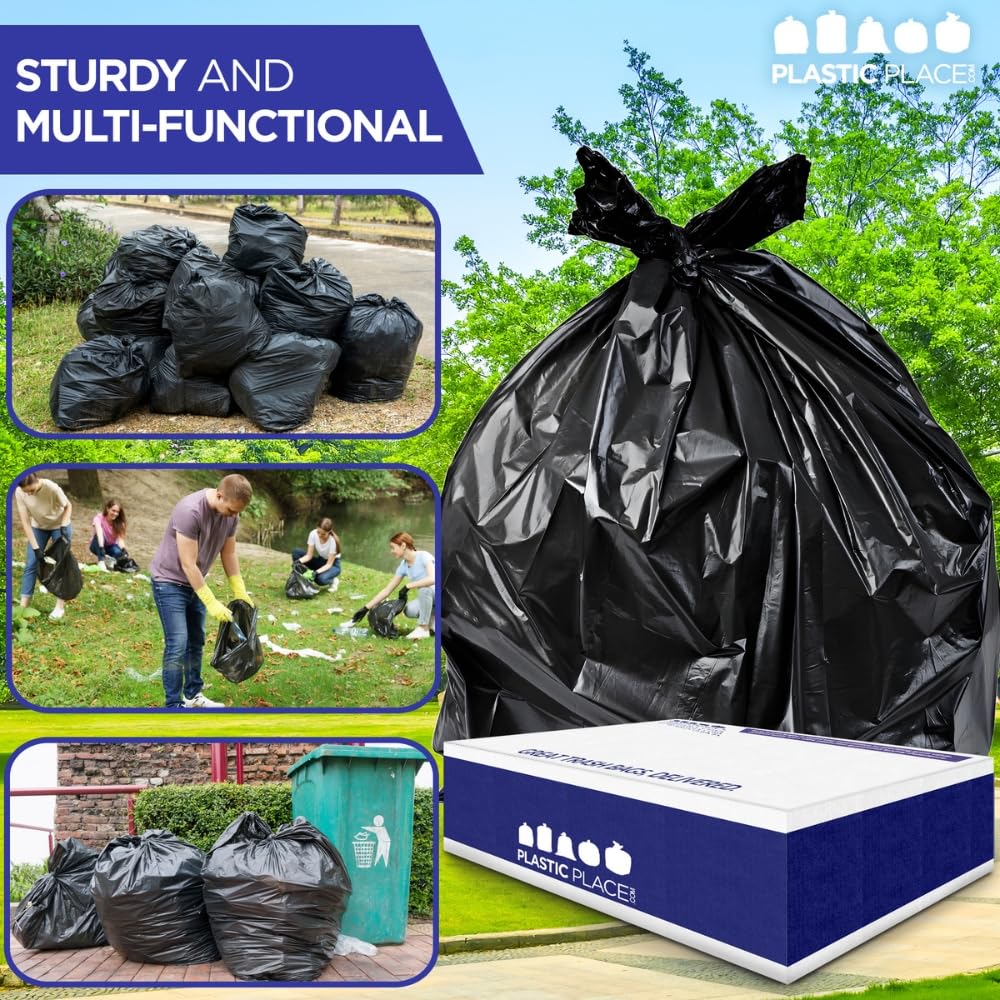 Plasticplace Heavy-Duty 64-65 Gallon Black Trash Bags (50 Count) - 1.5 Mil Thick Garbage Can Liners 50