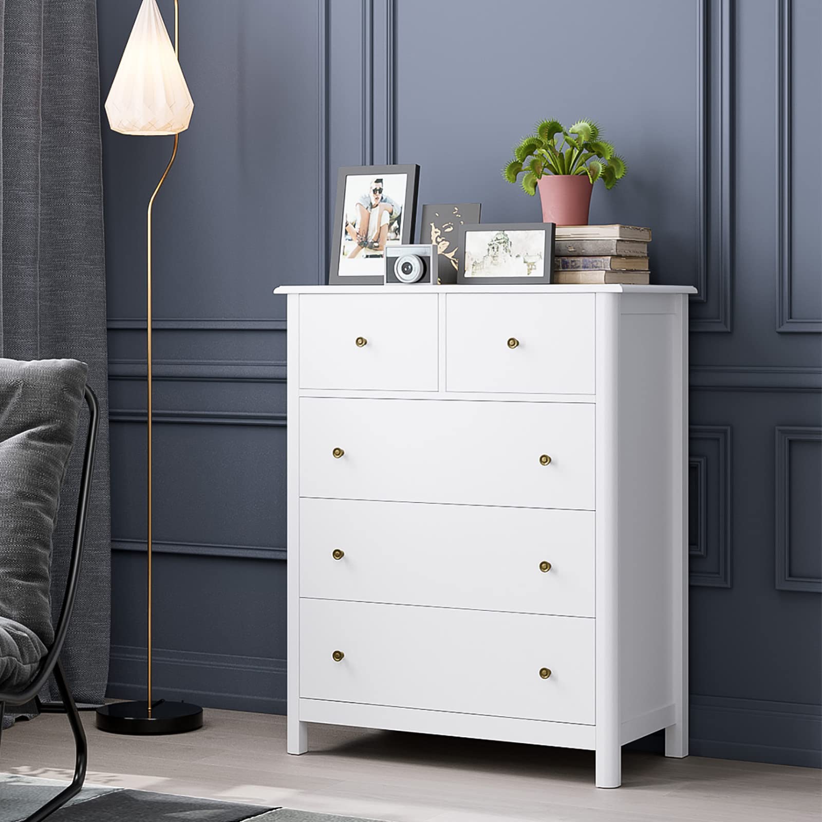 Modern 5-Drawer Wooden Chest of Drawers, Tall Dresser Storage Organizer Cabinet for Bedroom & Living Room - White | Perfect for Clothes Storage, Bedroom Furniture & Home Organization