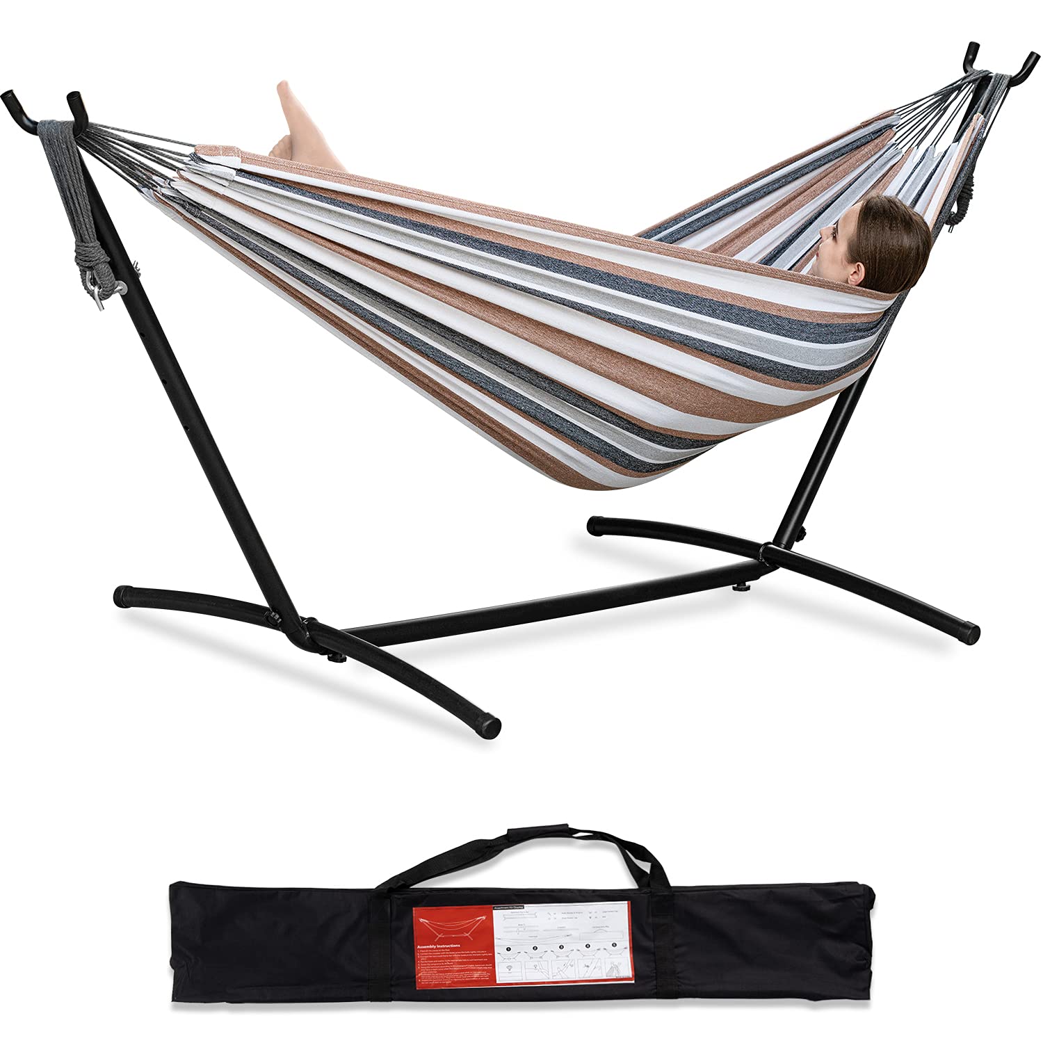 Premium Double Hammock with Space-Saving Steel Stand - 450lb Capacity for 2 Adults - Heavy Duty Outdoor Garden & Yard Hammock with Portable Carrying Bag (Coffee Brown) - Perfect for Backyard Relaxation, Camping Trips and Beach Vacations
