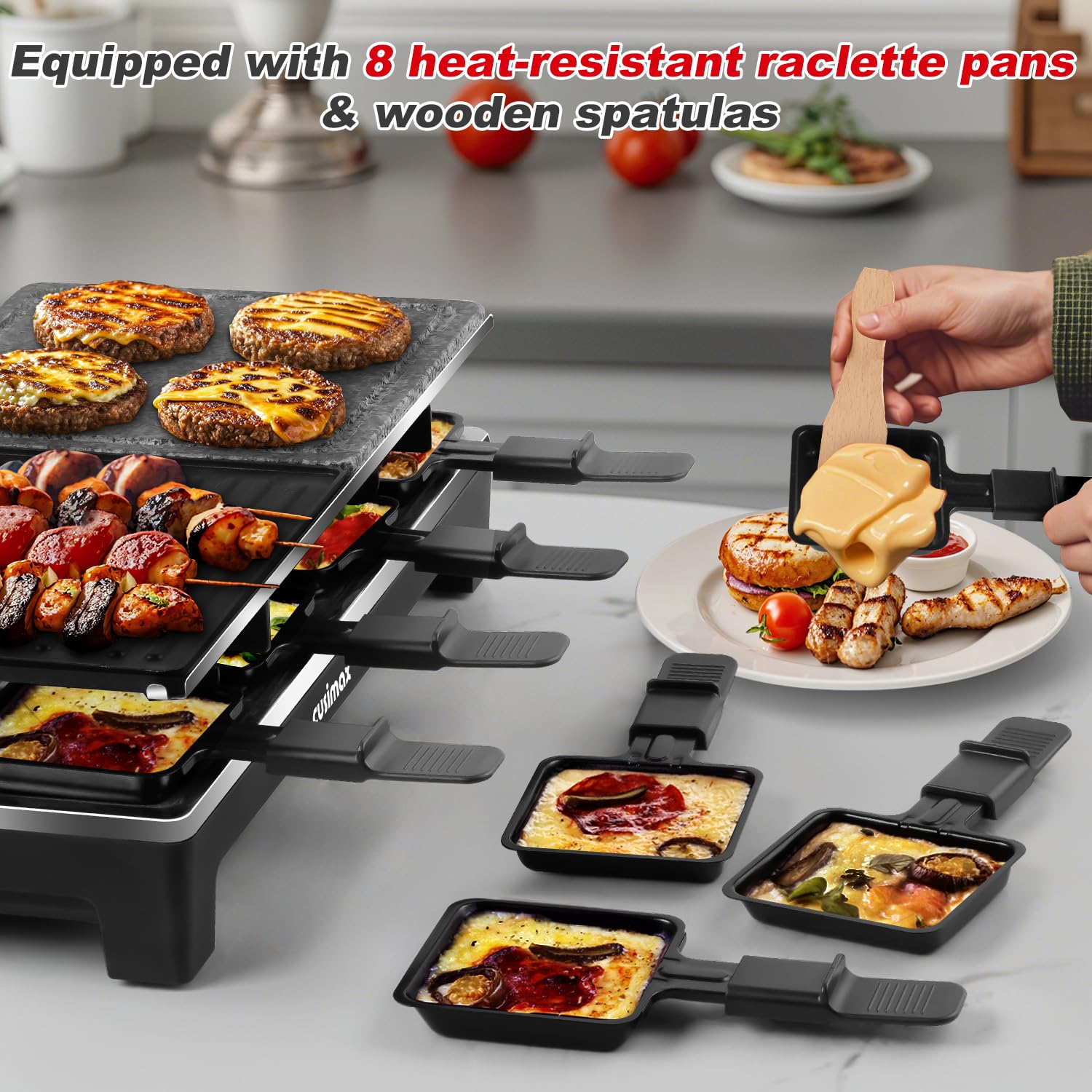 CUSIMAX Electric Raclette Grill - 1500W Portable Indoor Grill with 2-in-1 Reversible Non-Stick Plate & Natural Grill Stone - Korean BBQ Grill Set Includes 8 Pans & Wooden Spatulas - Perfect for Home Cooking, Parties & Family Gatherings