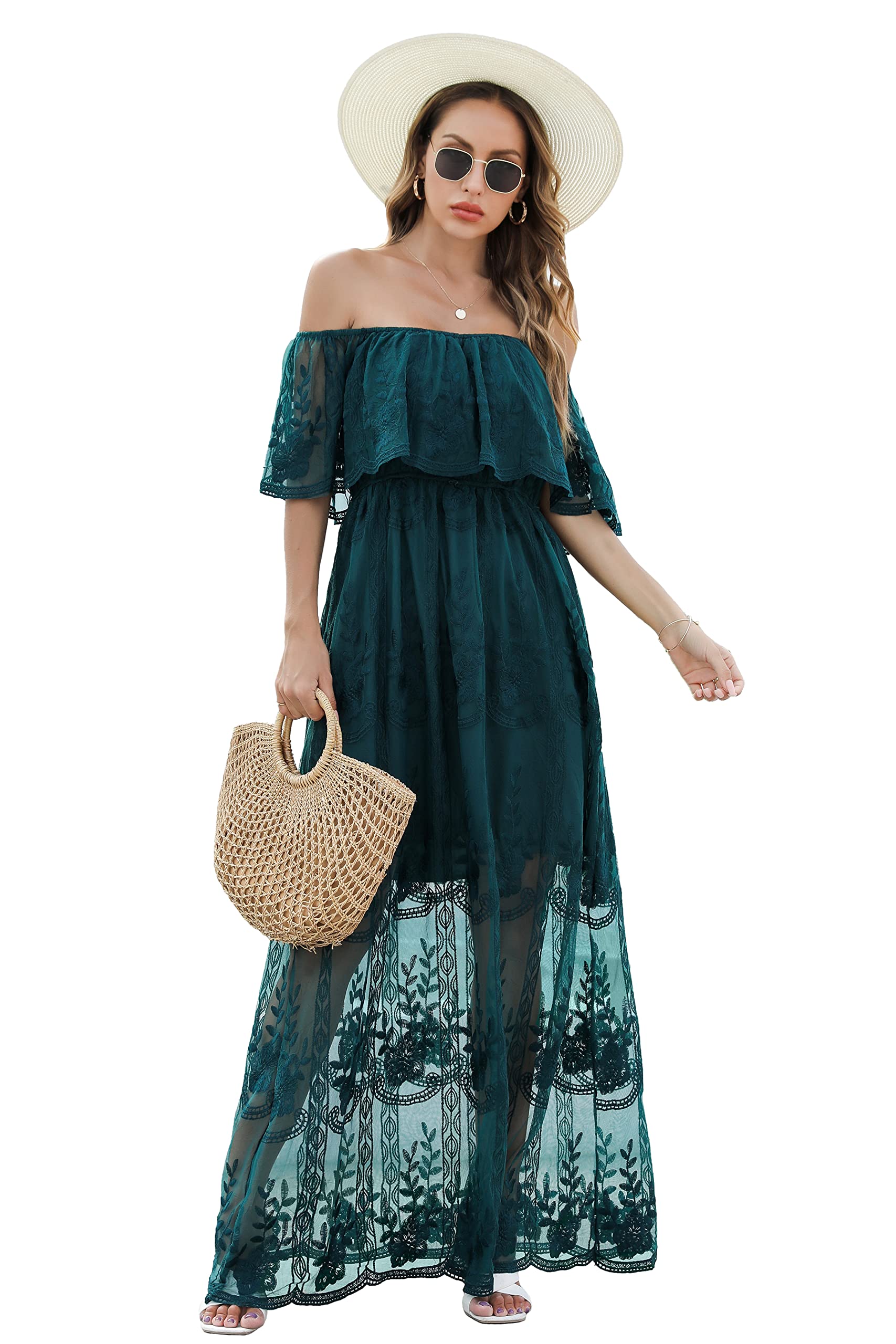 Mermaid's Closet Women's Boho Off-Shoulder Lace Maxi Dress - White Casual Wedding Bridesmaid Evening Party Dress for Beach Vacation & Summer Outings