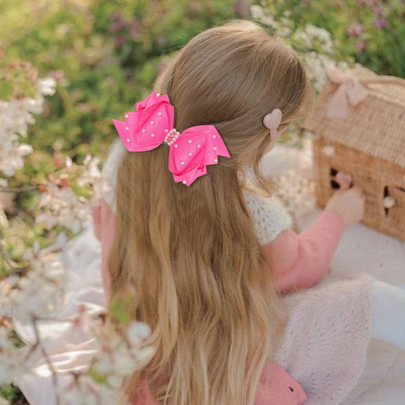 2Pcs Pearl Hair Bows for Girls - 4.5 Inch Grosgrain Ribbon Alligator Clip Hair Accessories for Toddlers, Kids & Baby - Perfect for Birthday Parties, Weddings & Special Occasions (Pink)