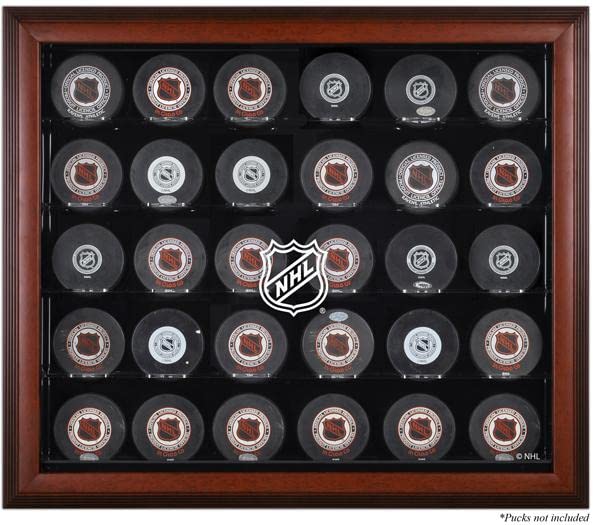 NHL 30 Hockey Puck Logo Display Case - Mahogany Wood Hockey Memorabilia Display for Collectors - Perfect for Man Cave, Sports Bar & Home Decor