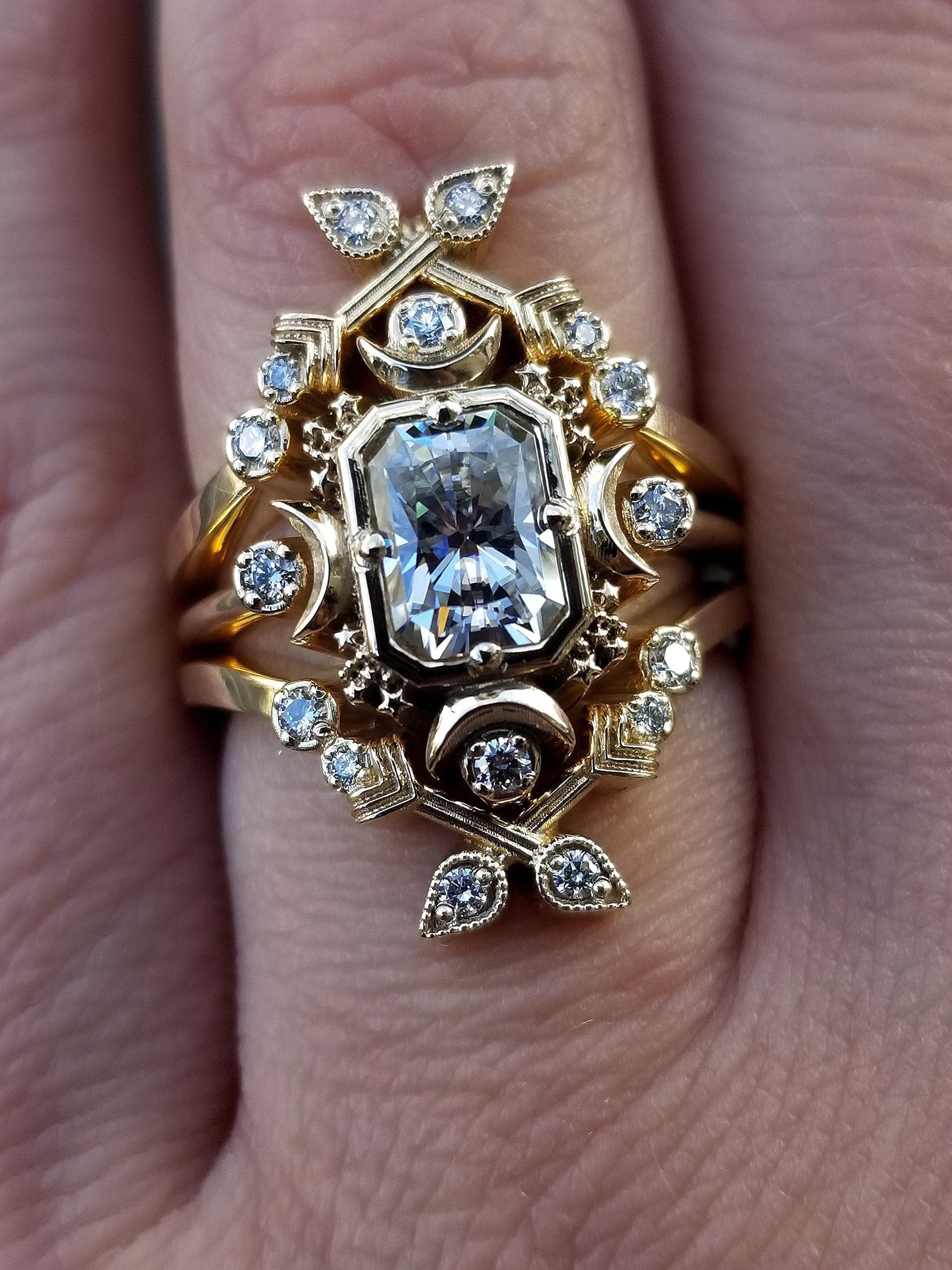 Artemis Moon Engagement Ring Set with Moissanite & Diamonds - 14k Yellow Gold Diamond Arrow Wedding Bands for Women | Romantic Proposal, Anniversary Gift, Bridal Jewelry