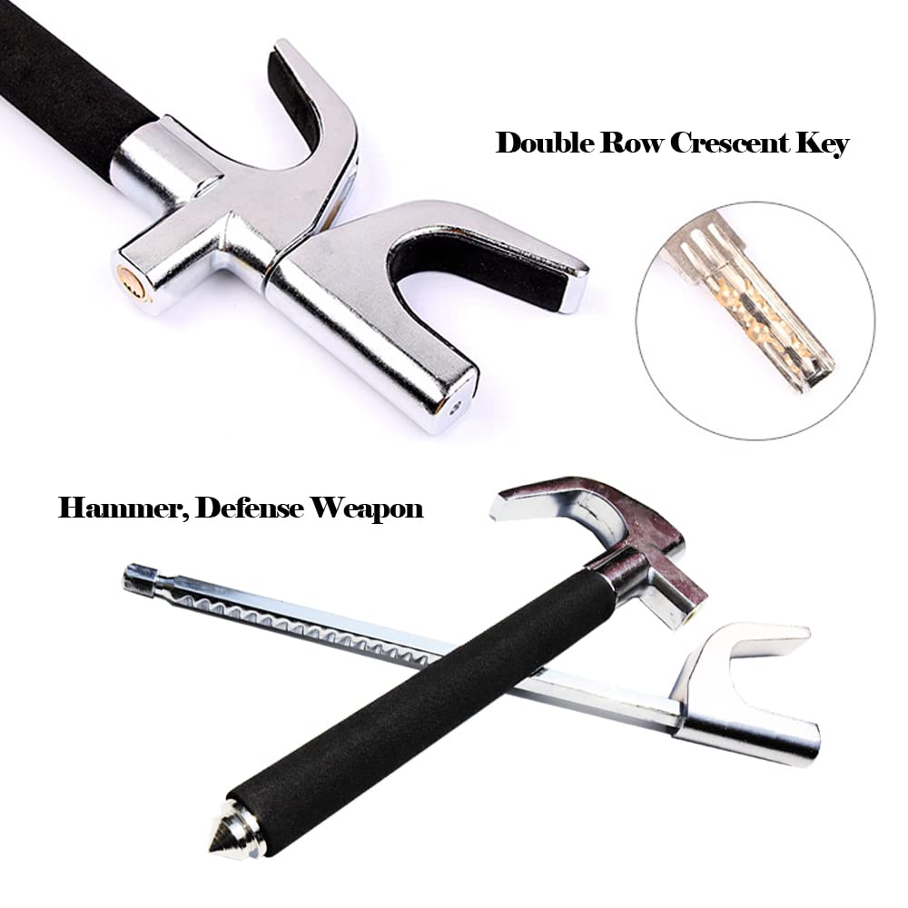 Anti-Theft Heavy Duty Steering Wheel Lock Bar - Adjustable Length Universal Car Security Device with Emergency Hammer & 3 Keys (Black) - Perfect for Parking Security & Vehicle Theft Prevention