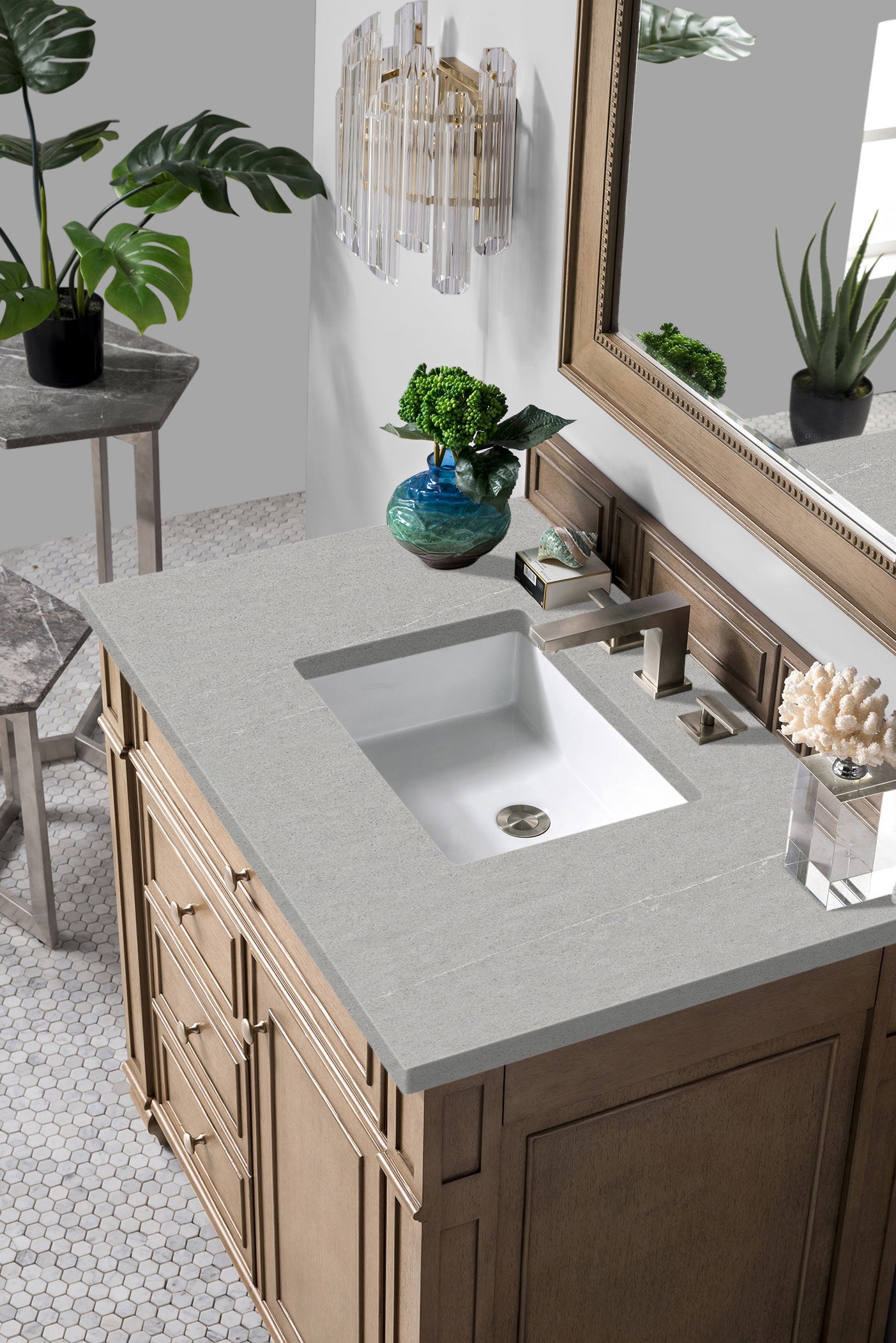 Bristol 36 Inch Single Bathroom Vanity with Whitewashed Walnut Finish & 3CM Eternal Serena Quartz Countertop - Perfect for Modern Farmhouse, Coastal, or Transitional Bathroom Designs