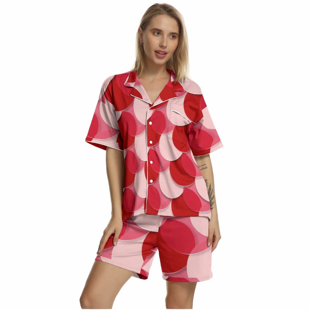 Women's Pink Geometric Silk Pajama Set - Soft Short Sleeve Sleepwear for Lounge & Night