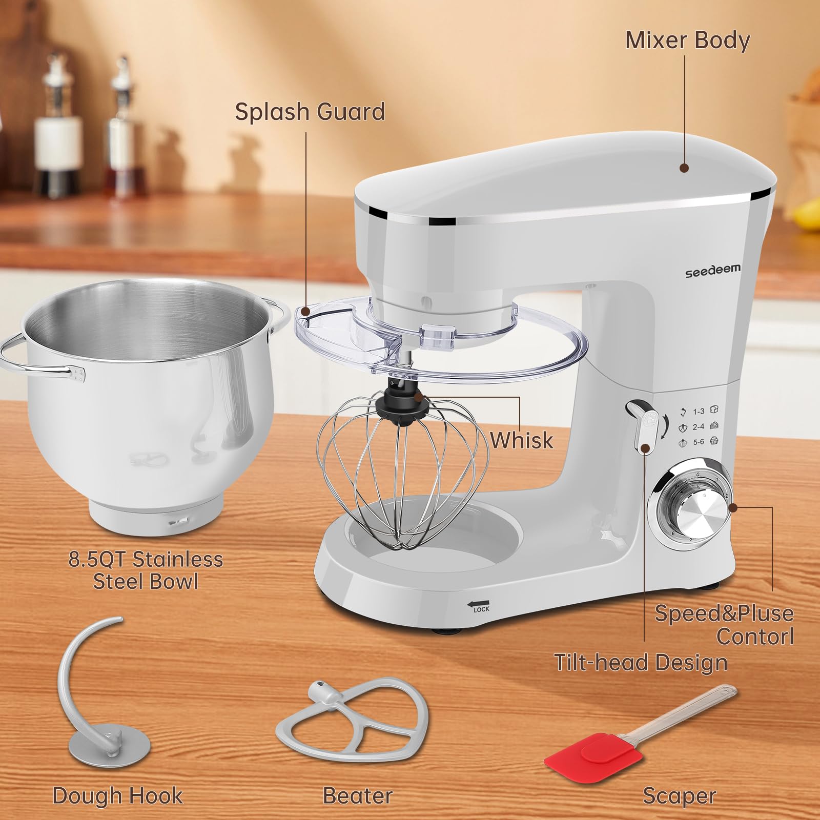 SEEDEEM 8.5 Qt Stand Mixer, 660W Powerful Electric Kitchen Mixer with 6+ Speeds, Tilt-Head Design & Dishwasher-Safe Attachments (Dough Hook, Wire Whip, Beater) - Perfect for Baking Bread, Cookies, Cakes & More - White