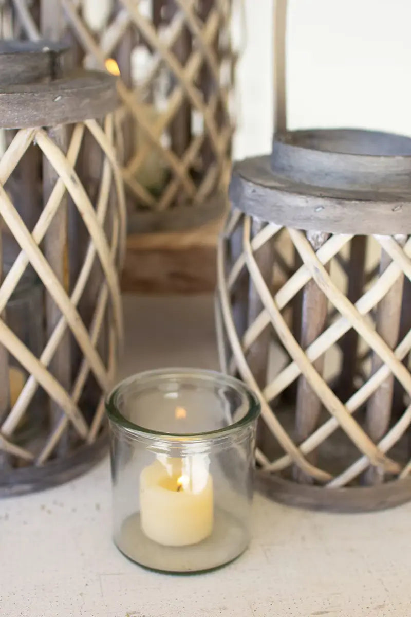 Grey Willow Cylinder Lanterns with Glass Set - Rustic Outdoor & Indoor Decorative Lighting for Patio, Garden, Wedding, and Home Decor