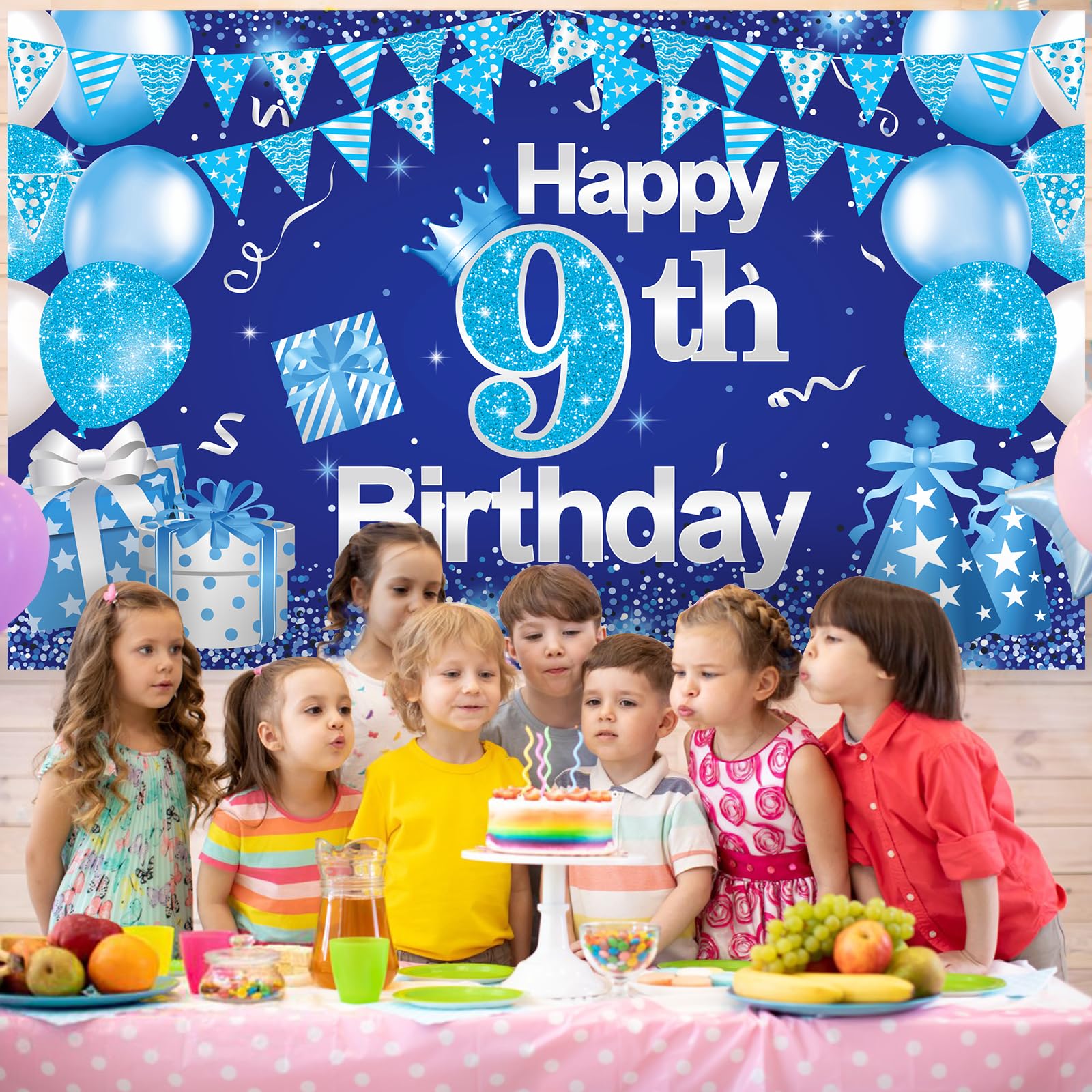 Blue 9th Birthday Backdrop Decorations for Boys - 43.3'' x 70.8'' Happy Birthday Banner - Perfect for 9 Year Old Boy's Party, Cake Table, Photo Booth & Wall Decor
