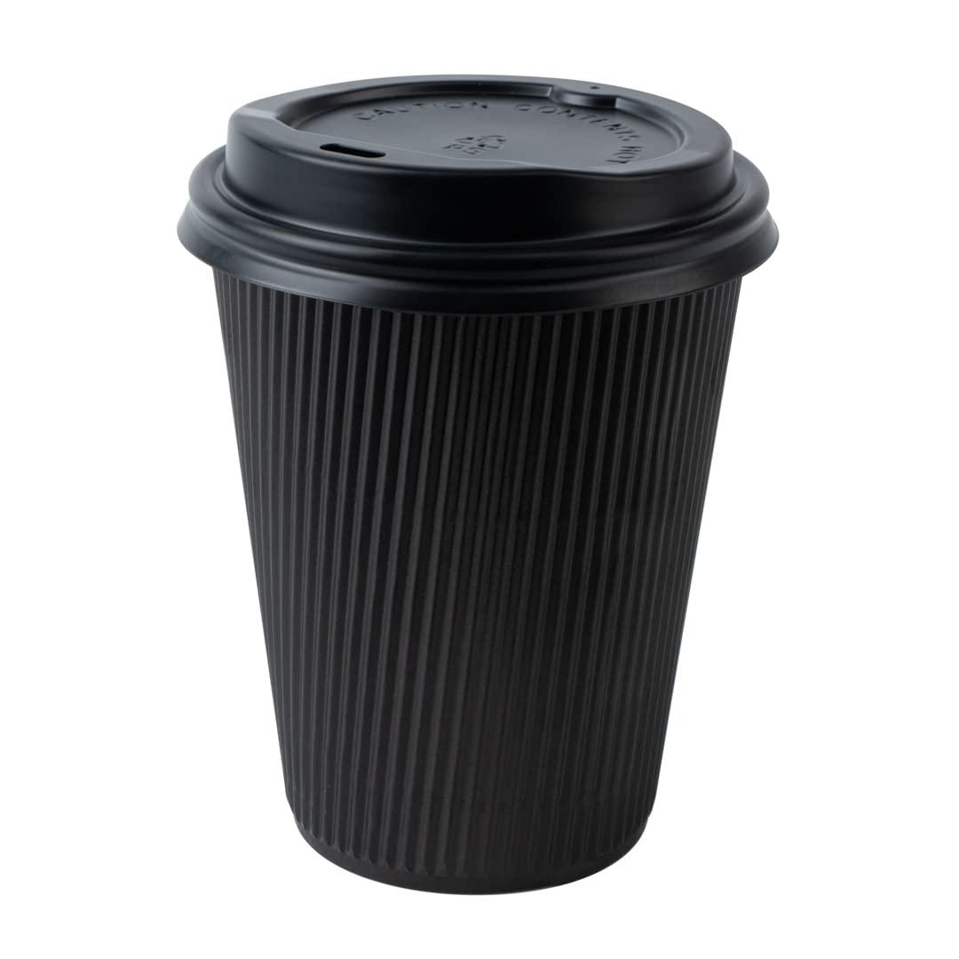 200 Pack 12oz Insulated Black Paper Coffee Cups with Lids - Leakproof & Non-Slip Ripple Wall Hot Cups for Tea, Hot Cocoa, Lattes - Perfect for Coffee Shops, Offices, Catering & Events