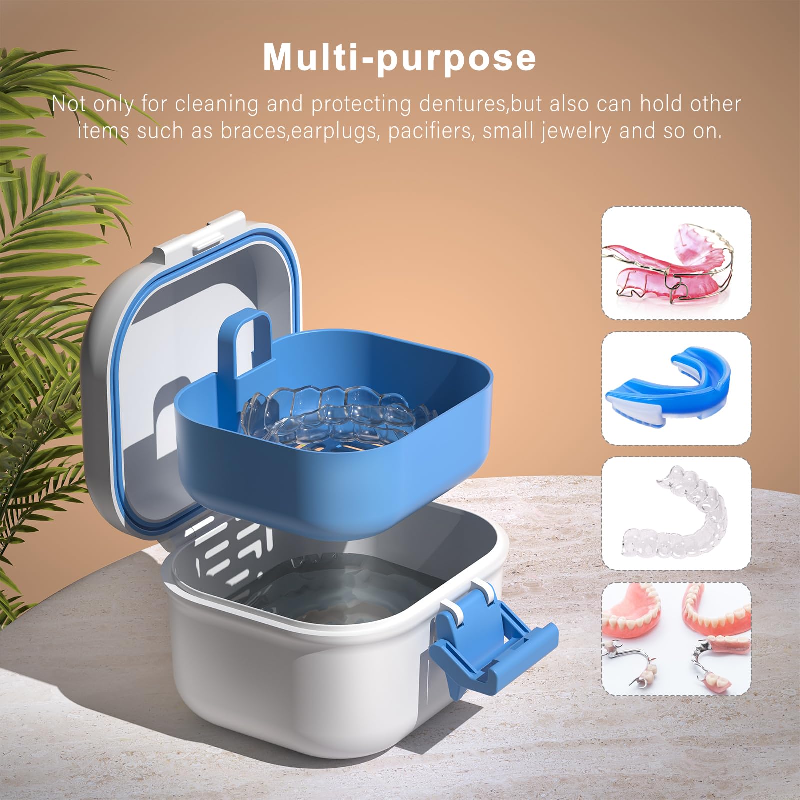 BVN Leak-Proof Denture Storage Case - Denture Soaking Cup & Retainer Cleaning Holder (Blue & White) - Perfect for Travel, Overnight Soaking & Denture Care at Home