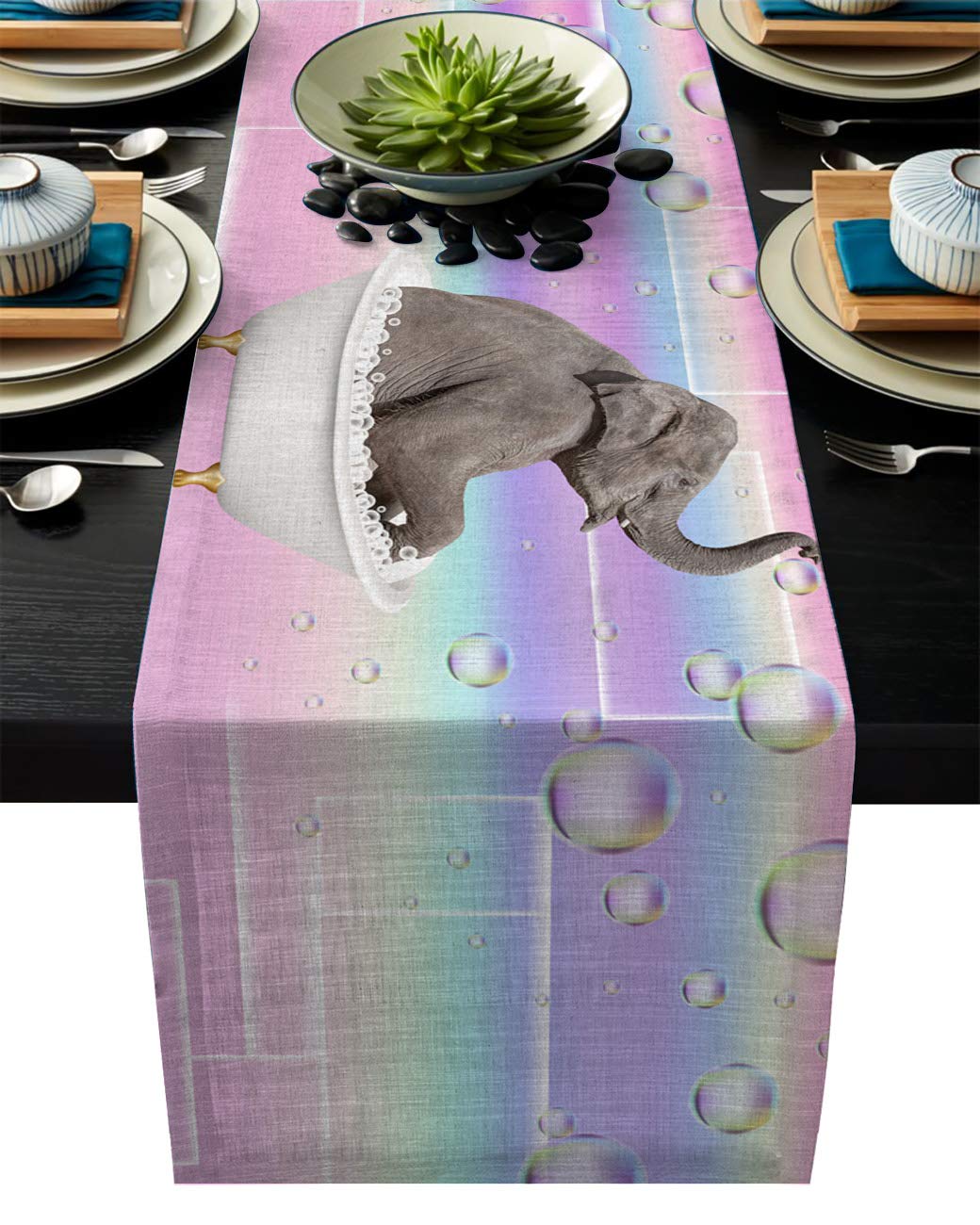 ARTSHOWING Funny Elephant Blowing Bubbles Burlap Table Runner 14x72 Inch - Rustic Animal Table Cover for Dining Table, Dresser, Entryway Decor - Perfect for Dinner Parties, Everyday Use & Home Decor