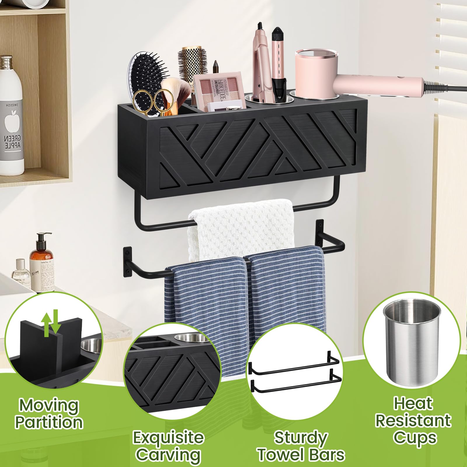 Wall Mount Hair Tool Organizer with 2 Towel Bars - Rustic Wooden Bathroom Organizer for Hair Dryer, Flat Iron, Curling Wand & Brushes - Space Saving Storage Solution for Home Salon & Bathroom Decor (Black)