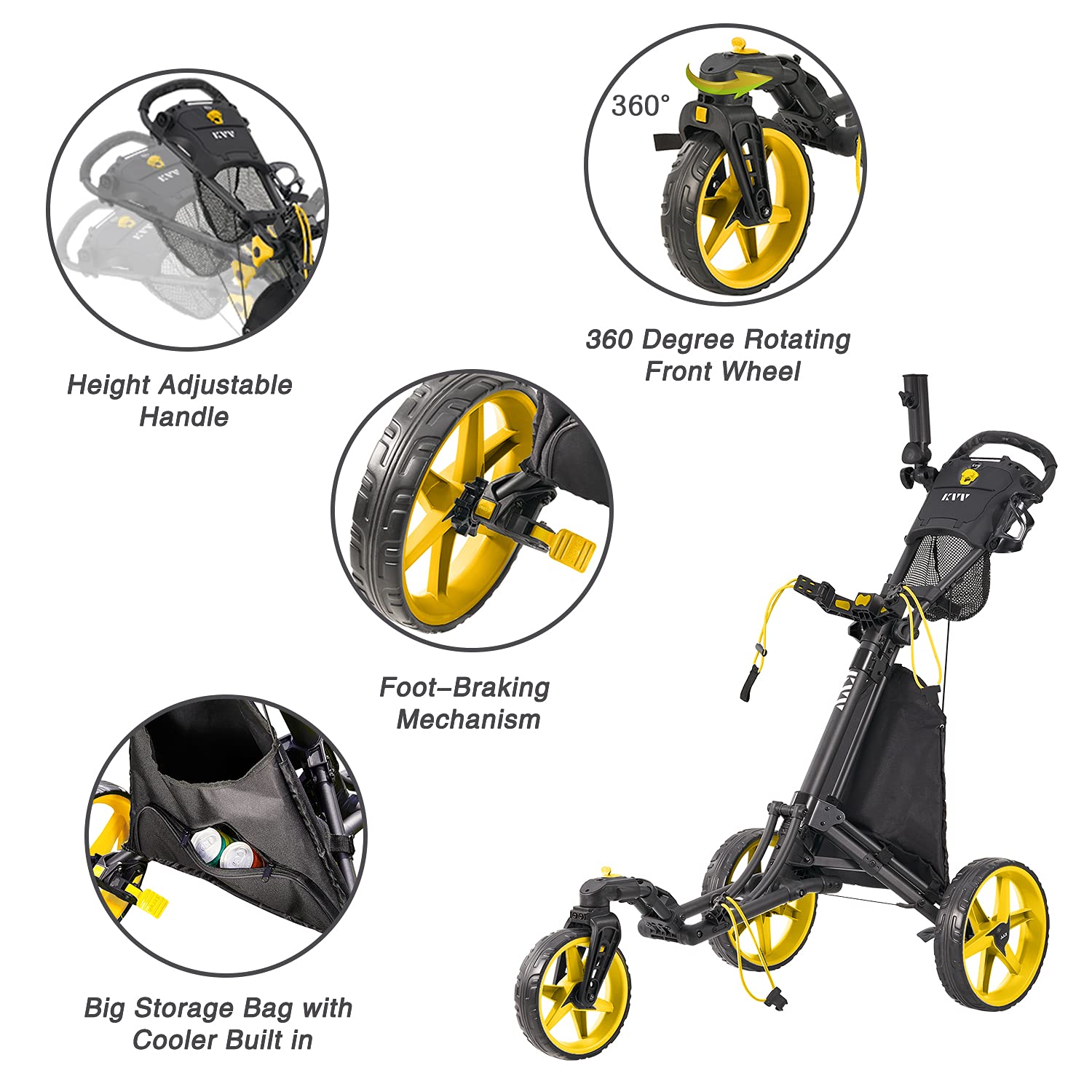KVV 3-Wheel Golf Push Cart with 360° Rotating Front Wheel - 1-Second Quick Fold & Free Umbrella Holder | Lightweight Golf Bag Caddy for Men & Women | Perfect for Golf Courses, Driving Ranges & Outdoor Practice
