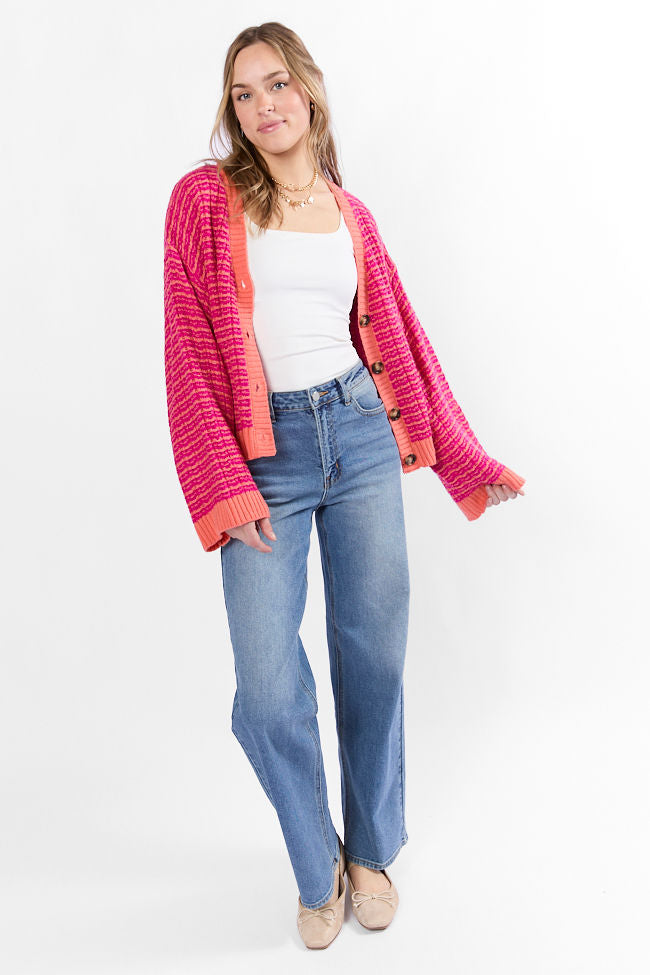Trendy Pink and Orange Woven Textured Knit Cardigan for Women - Soft Long Sleeve Open Front Sweater - Perfect for Fall Layering, Office Wear & Casual Outfits