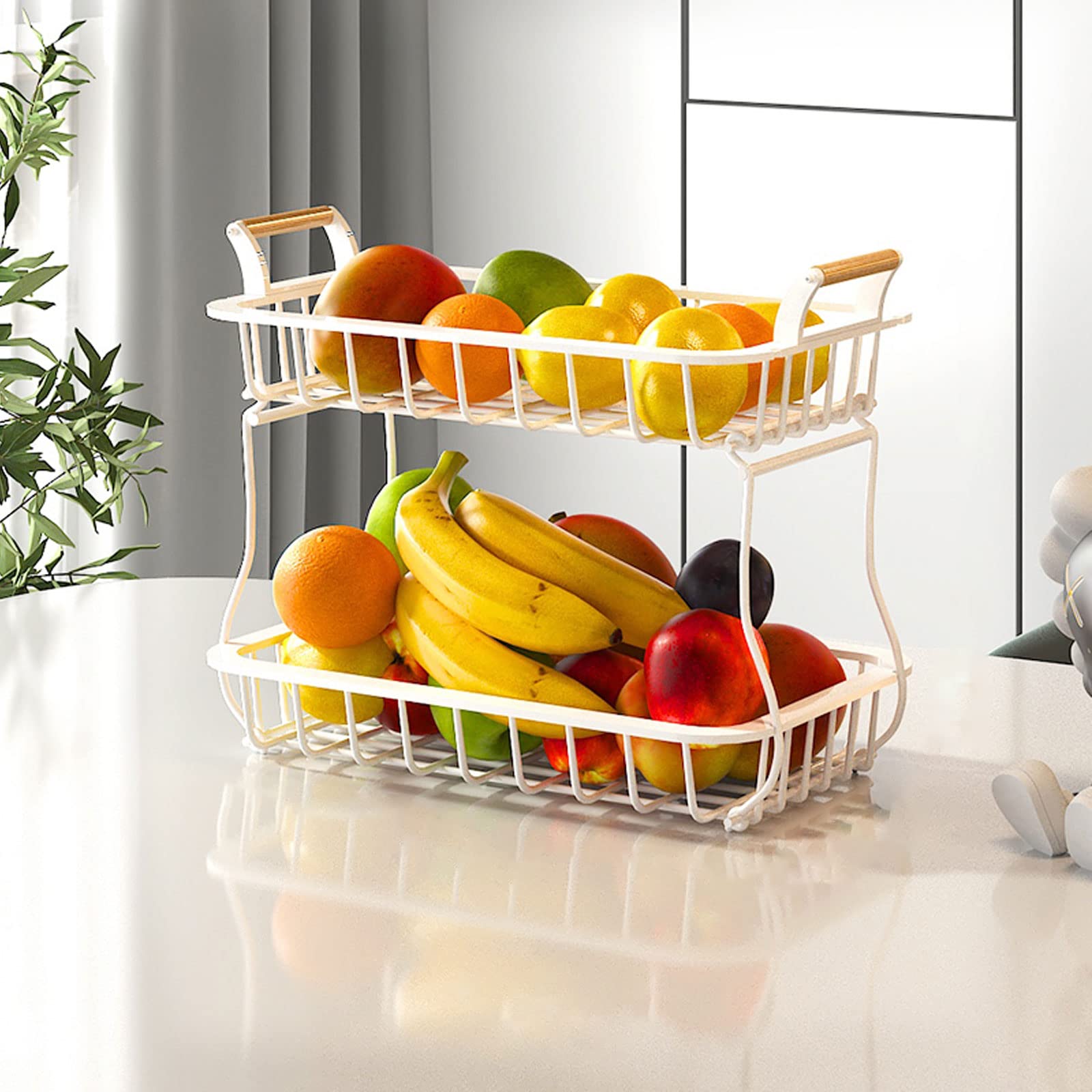 2-Tier Metal Wire Fruit Basket for Kitchen Countertop - Detachable Rectangular Storage Basket for Bread, Vegetables & Fruits | White | Organize Your Kitchen Counter, Pantry or Dining Table