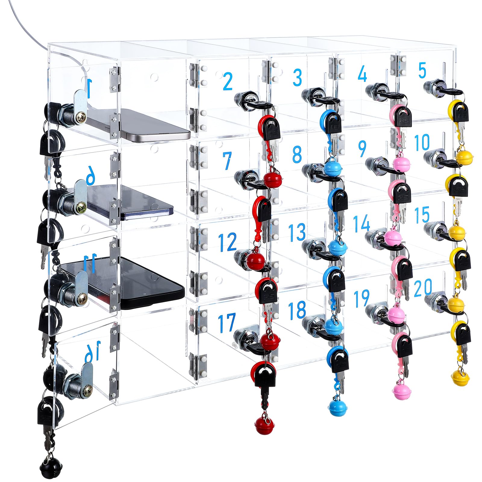 20-Slot Clear Acrylic Cell Phone Locker Cabinet with Charging Ports & Key Locks - Wall Mounted Storage for Classroom, Office, School & Factory - Secure Phone Organization Solution for Employees & Students