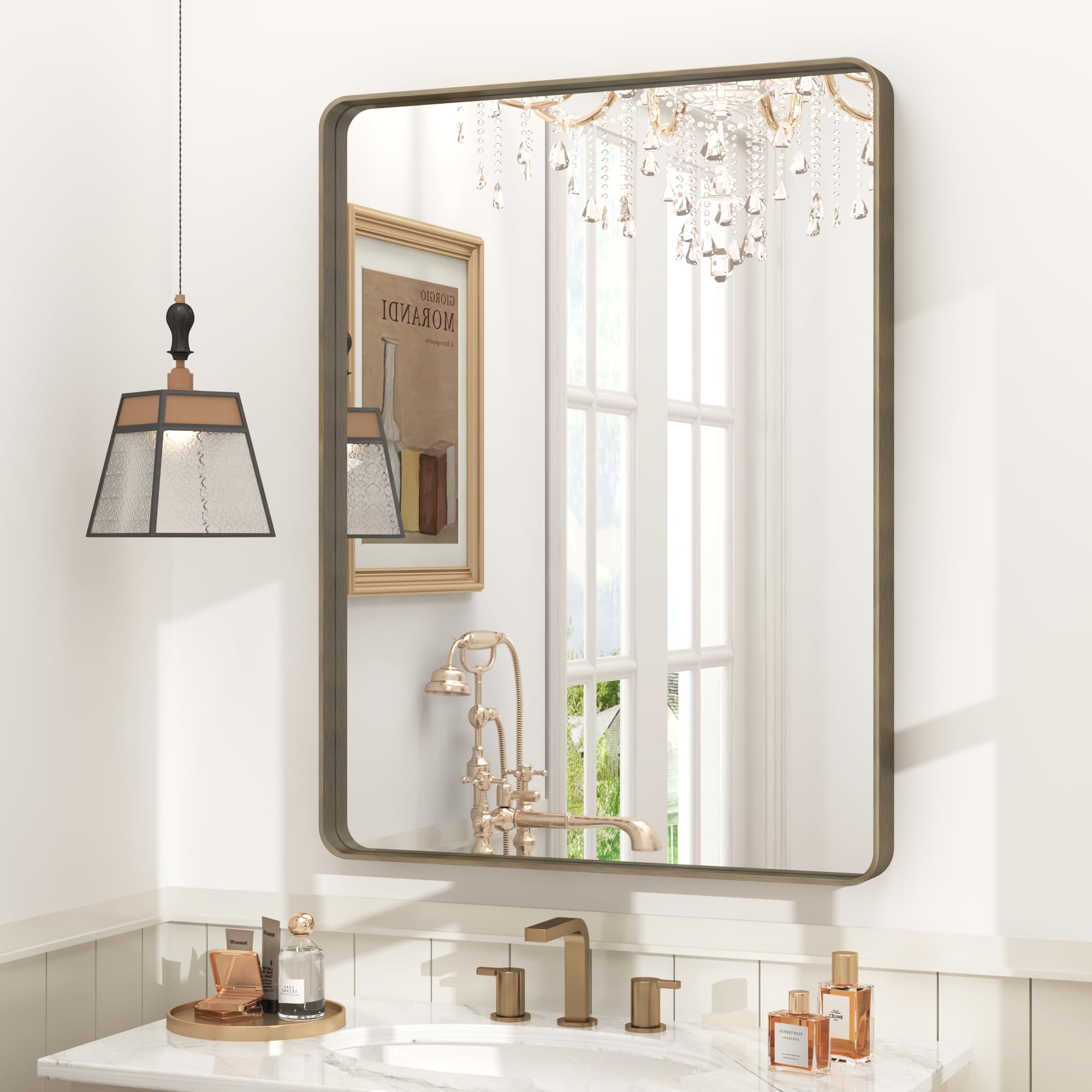 24x32 Bronze Bathroom Mirror with Rounded Rectangle Frame - Brushed Bronze Vanity Mirror for Wall Mounting, Anti-Rust Finish, Horizontal or Vertical Hanging - Perfect for Bathroom, Bedroom, and Entryway Decor