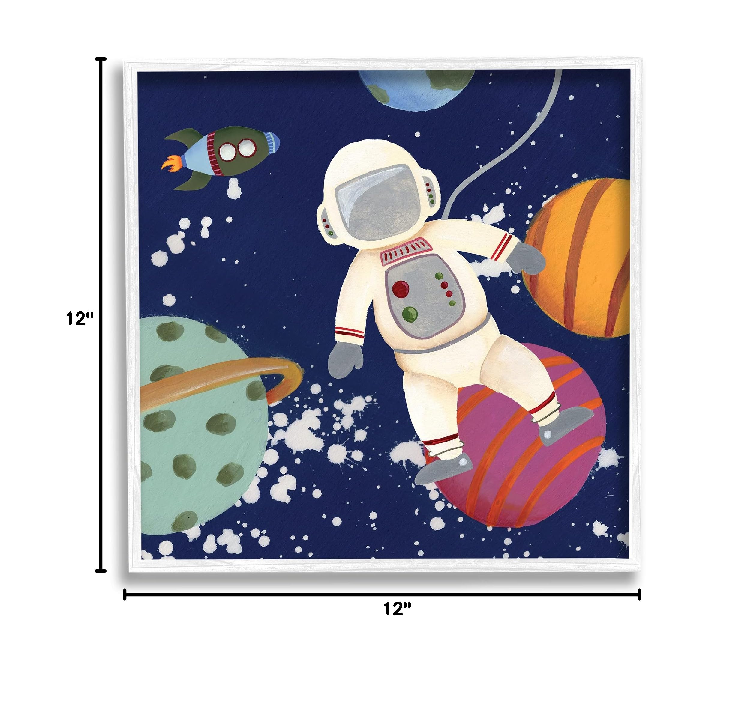 Stupell Industries Playful Astronaut Floating in Space with Planets & Rocketship - Blue Framed Wall Art 12x12 - Designed by Regina Moore - Perfect for Kids Room, Nursery & Space-Themed Decor