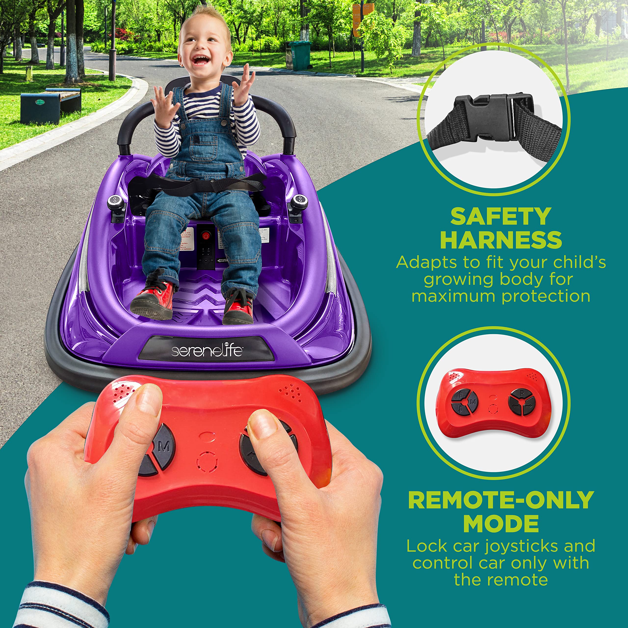 SereneLife 12V Electric Bumper Car for Kids Ages 3-8 | Remote Control, 360° Spinning, LED Lights & Safety Belt | Indoor/Outdoor Ride-On Toy for Birthday & Playground Fun
