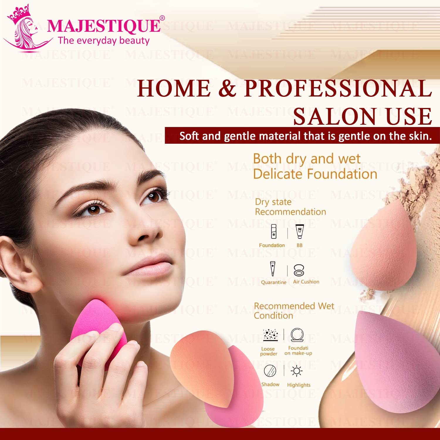 Majestique Large Grip Makeup Sponge - Beauty Blender for Face Primer, Compact Powder & Sensitive Skin (Pack of 2) | Perfect for Flawless Foundation Application & On-The-Go Touch Ups