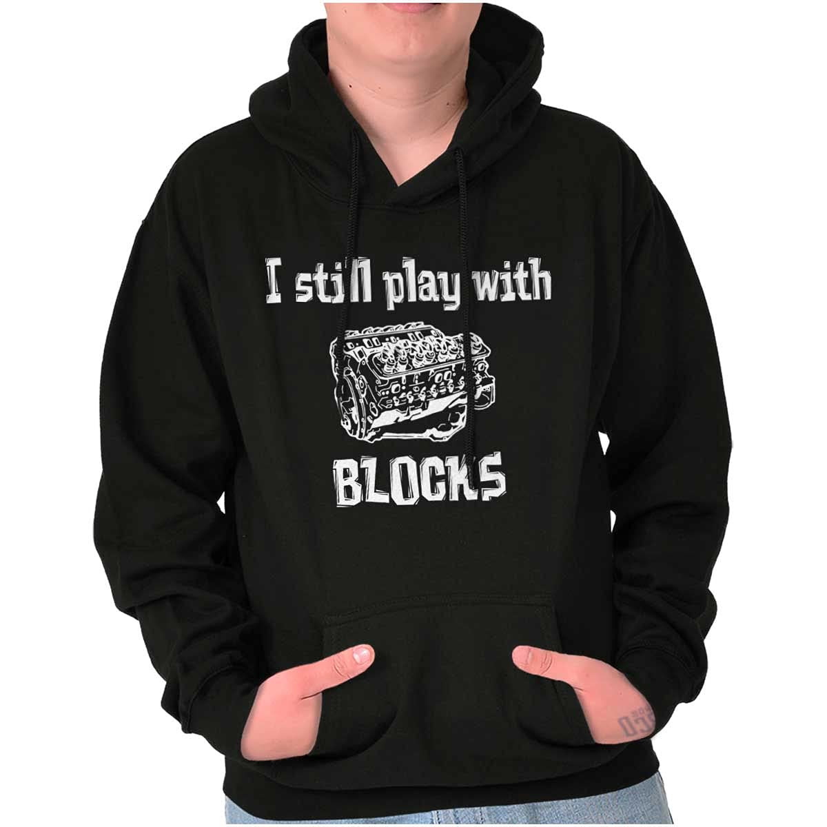 Brisco Brands Play With Blocks Car Engine Mechanic Hoodie Sweatshirt for Men & Women - Unisex Pullover for Auto Enthusiasts, Mechanics, and DIY Car Repair Lovers