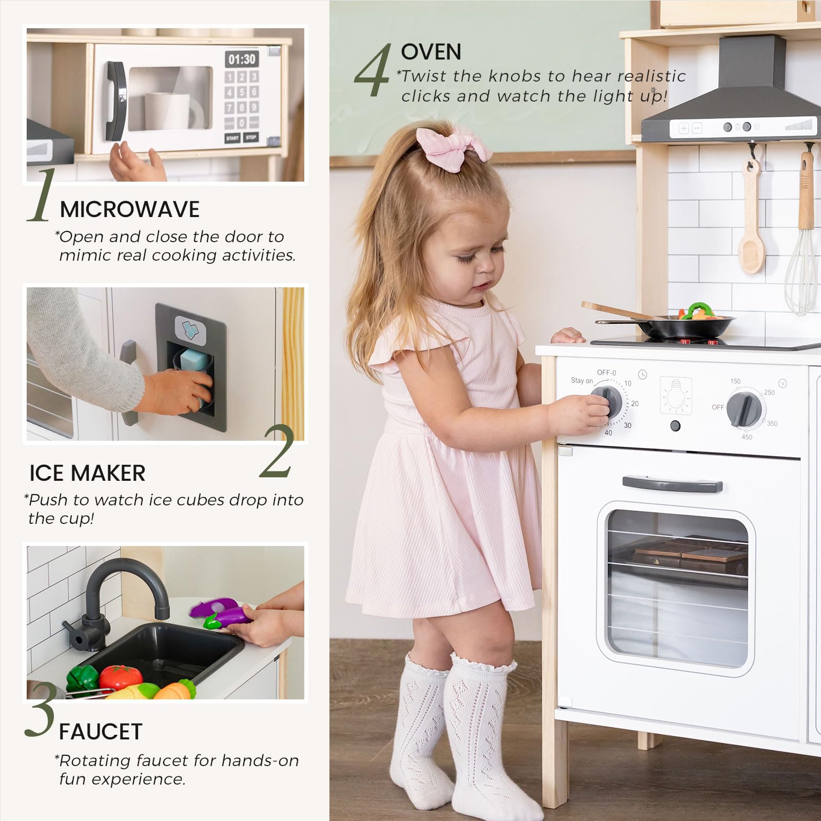 Tiny Land Wooden Play Kitchen Set for Kids - Realistic Pretend Chef Toy with Lights & Sounds, Includes 18-Piece Toy Food & Cookware Accessories - Perfect for Toddlers Role Play & Early Learning Fun