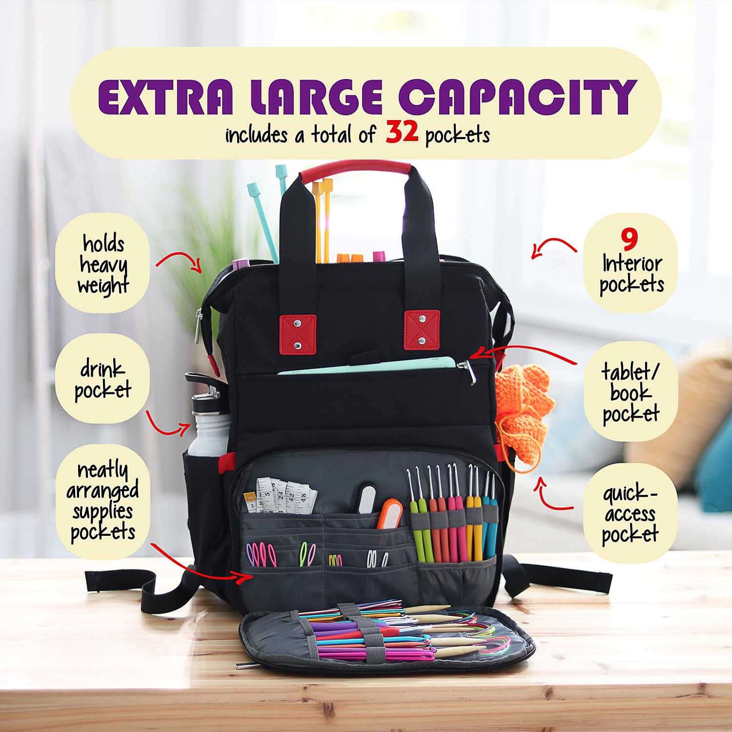 Hearth & Harbor Crochet Backpack - Canvas Knitting Bag & Yarn Organizer with USB Charging Port | Perfect for Crochet Supplies Storage, Travel Knitting Projects & On-the-Go Crafting