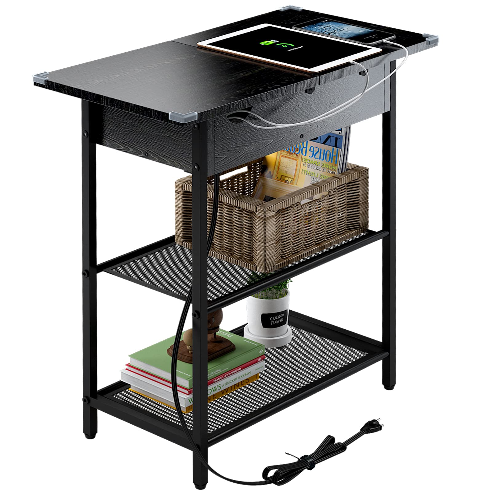 SAUCE ZHAN Narrow End Table with USB Ports & Outlets, Small Space Side Table with Storage Shelf & Charging Station - Perfect for Living Room, Bedroom, Office - Black | Compact Nightstand for Phones, Lamps & Home Decor