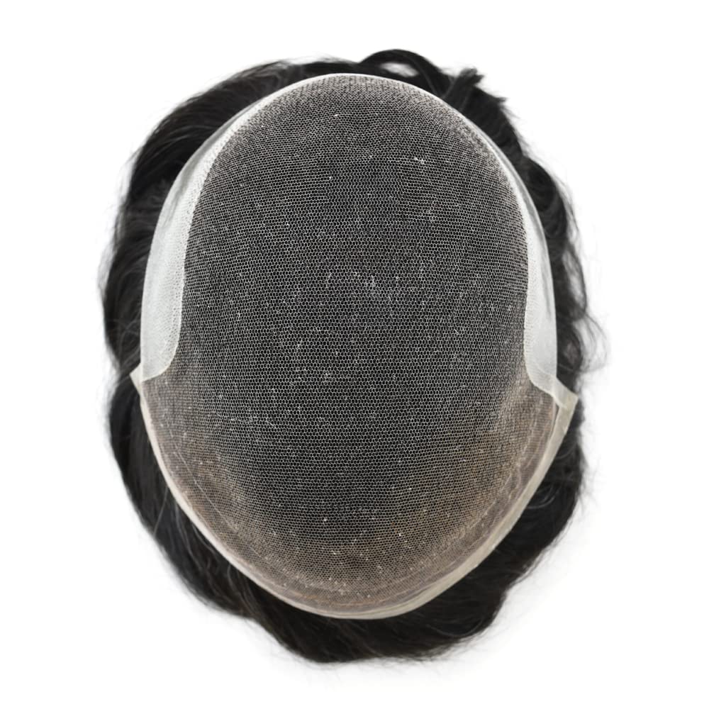 **Men's Swiss Lace Toupee - 100% Human Hair Replacement System with PU Bleached Knots & Natural Hairline - 8