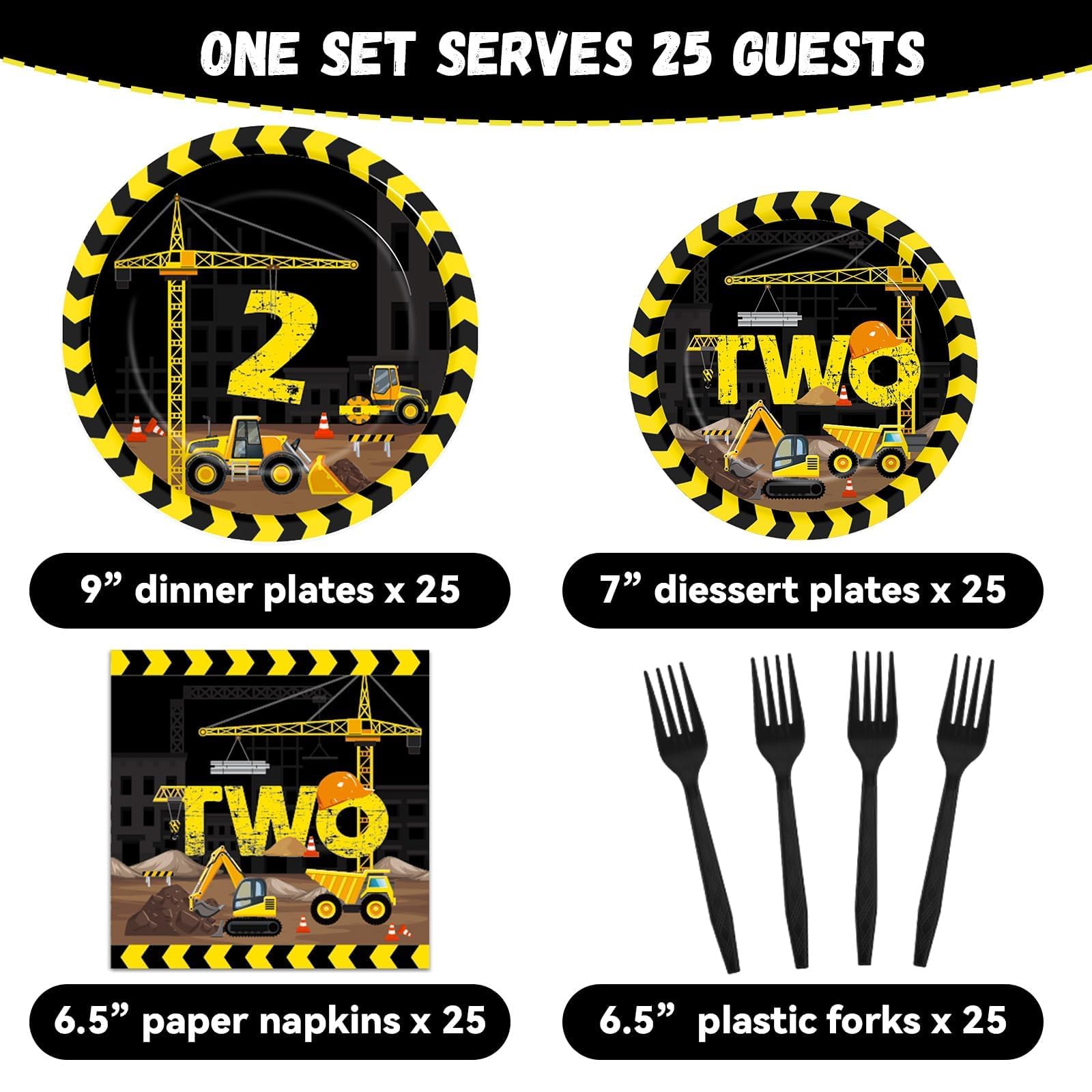100-Piece Construction Party Plates & Napkins Set - Durable Construction Truck Themed Birthday Party Supplies - Tableware & Decorations for Boys' Birthday - Serves 25 Guests - Perfect for Construction-Themed Birthday Parties, Baby Showers & Kids' Events