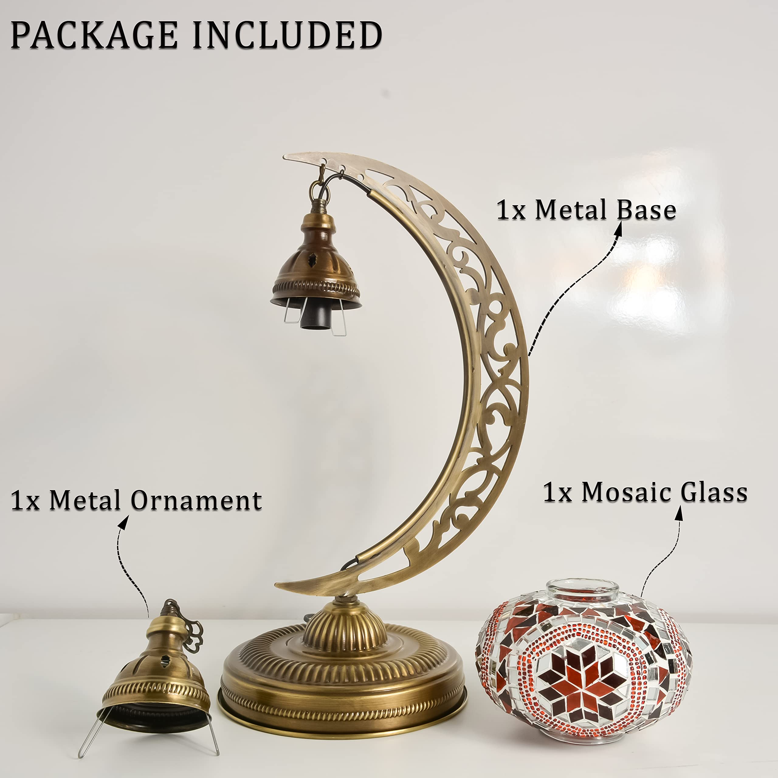 Handmade Turkish Mosaic Crescent Moon Table Lamp - Moroccan Boho Farmhouse Decor with E12 Socket & US Plug (Orange & Red) | Perfect for Bedroom Nightstand, Living Room Accent Lighting & Cozy Home Decor