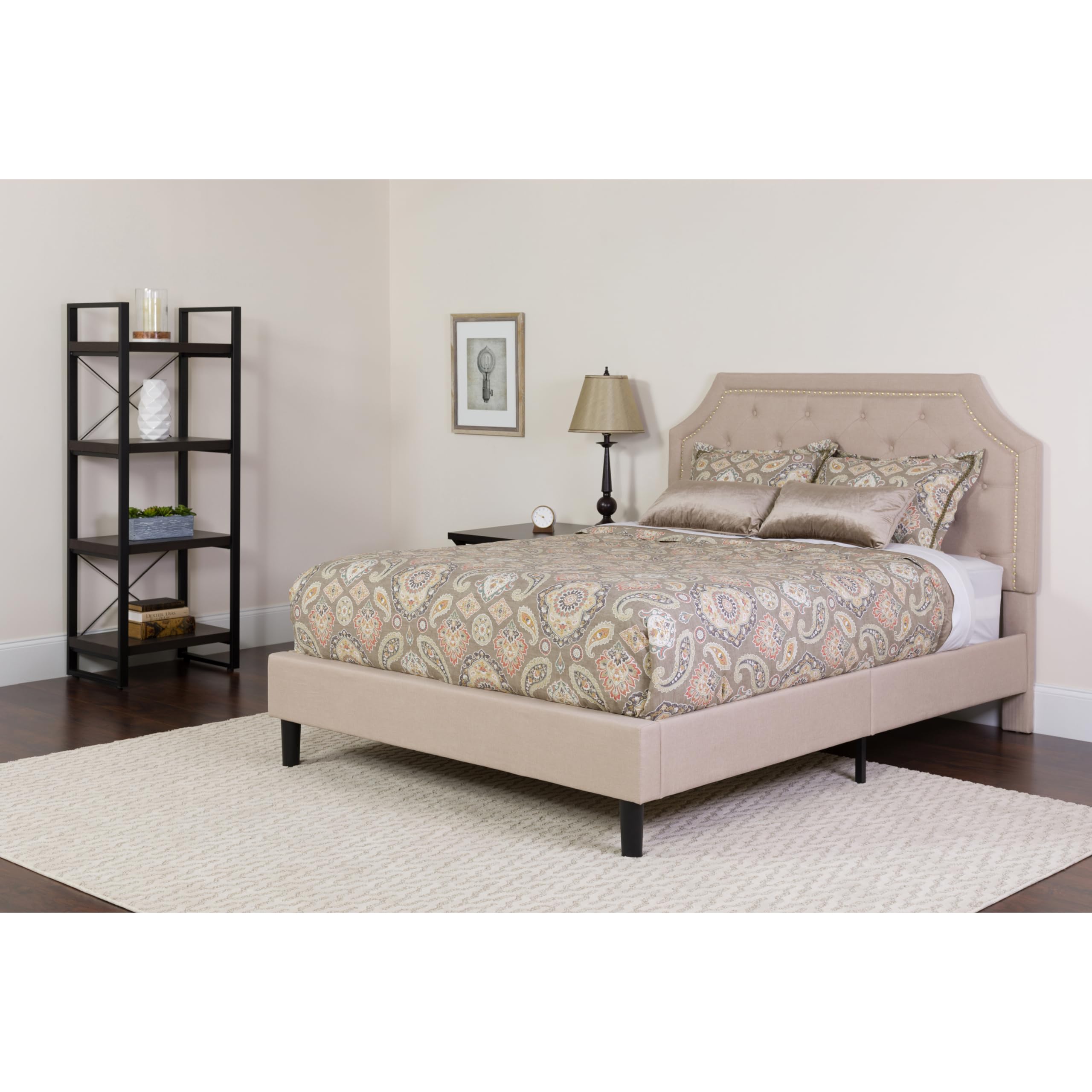 EMMA & OLIVER Queen Size Arched Tufted Upholstered Platform Bed with Memory Foam Mattress - Beige Fabric - Modern Bedroom Furniture for Master Bedroom, Guest Room & Apartment