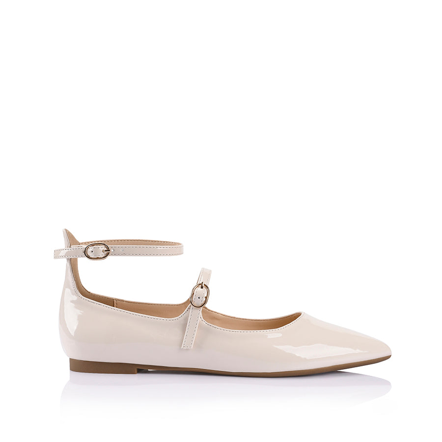 Issie Buckle Flats - Women's Bone Patent Leather Pointed Toe Ballet Flats for Work, Office & Casual Wear