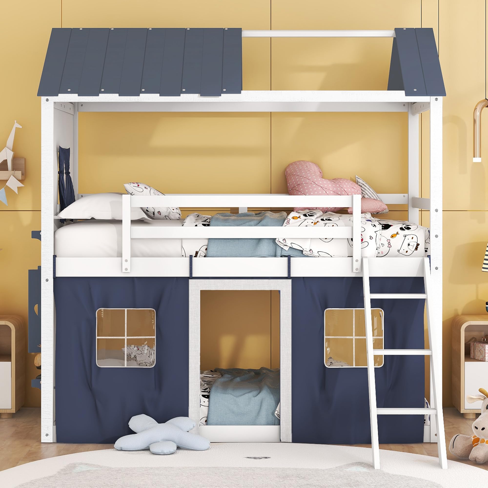 Harper & Bright Designs Twin Over Twin Wooden Bunk Bed with Elegant Windows, Sills & Tent - Blue & White House Bed for Kids' Room, Sleepovers & Space-Saving Bedroom Solutions