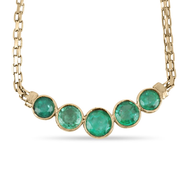 1.87tcw 17-Inch 14K Yellow Gold Emerald 5-Stone Round Bib Necklace for Women | Elegant Statement Jewelry for Parties, Weddings & Special Occasions