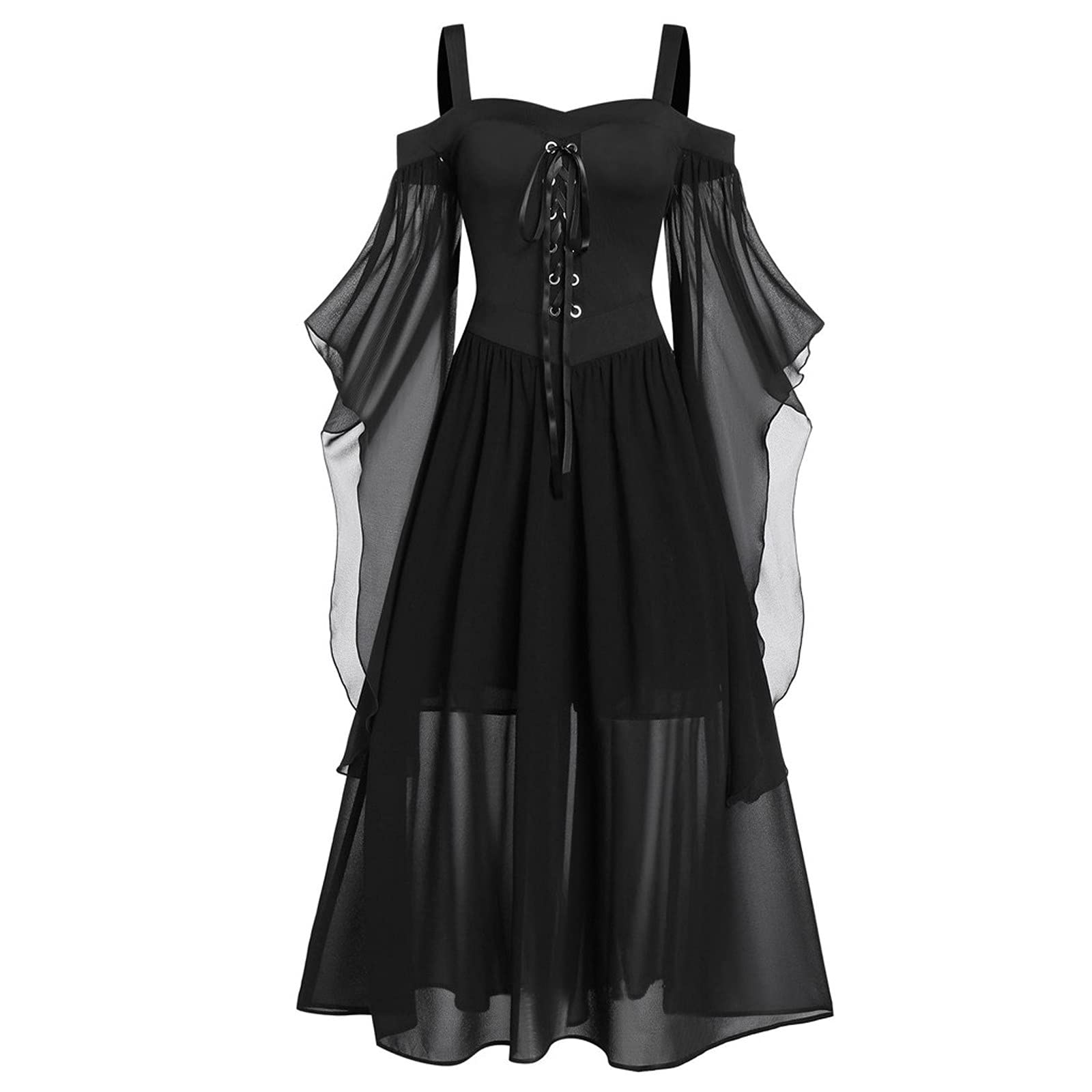 SUSHANG Women's Plus Size Gothic Lace Up Cold Shoulder Butterfly Sleeve Dress - Black Halloween, Cocktail, Prom, Wedding & Summer Party Dress for Women 2022 | Perfect for Gothic Themed Events, Night Out, Formal Occasions & Seasonal Celebrations