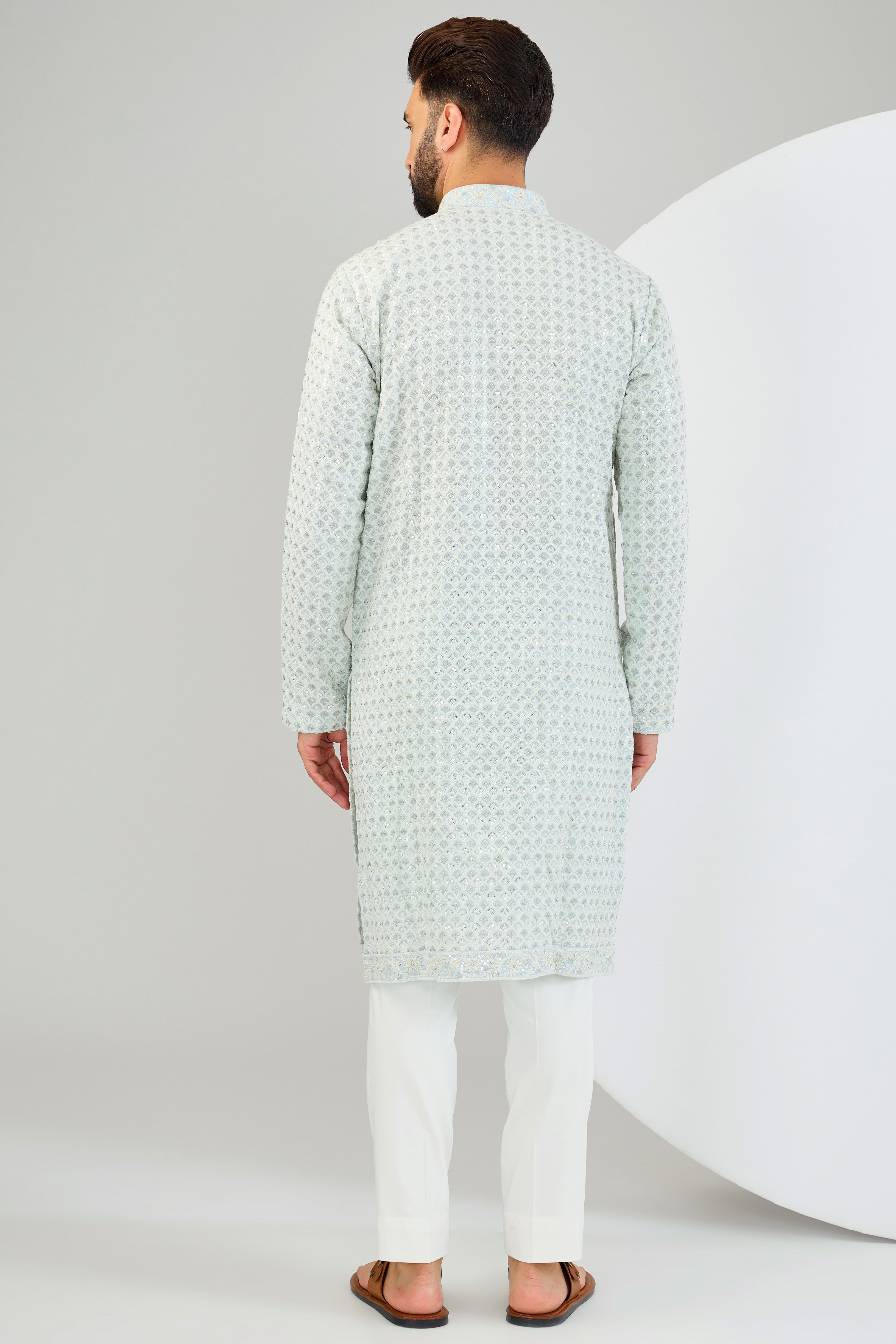 Elegant Powder Blue Chikankari Kurta with Heavy Sequin Embroidery & Intricate Neckline - Perfect for Festivals, Weddings & Ethnic Parties