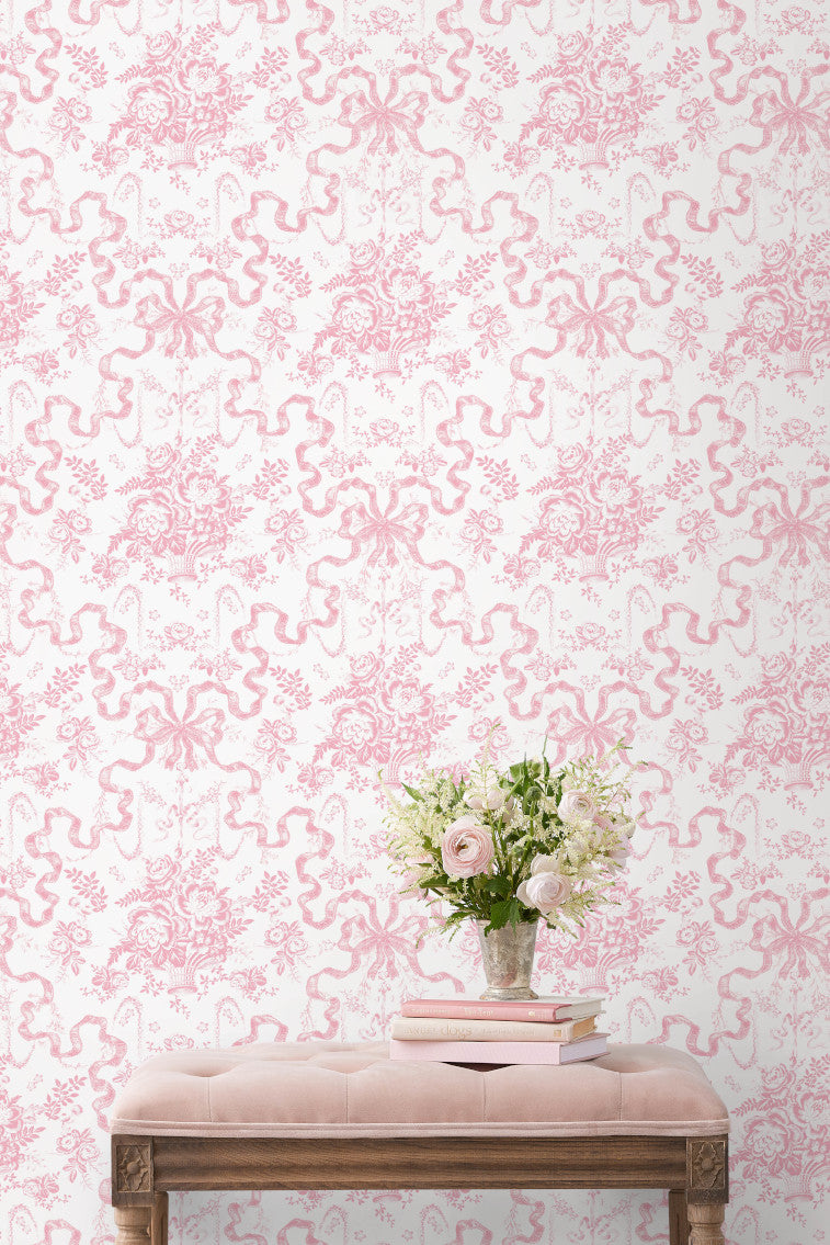 Fairytale Toile Peony Pink Wallpaper - Vintage Floral Peel and Stick Wallpaper for Bedroom, Nursery & Home Decor | Easy DIY Removable Wallpaper for Walls