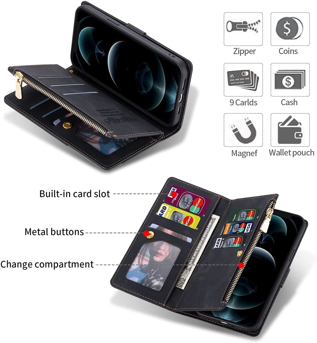 Premium Leather Wallet Case for Samsung Galaxy S22 Ultra - Zipper Pocket with 9 Card Slots, Flip Cover & Wrist Strap | Perfect for Business, Travel & Everyday Use (Black)