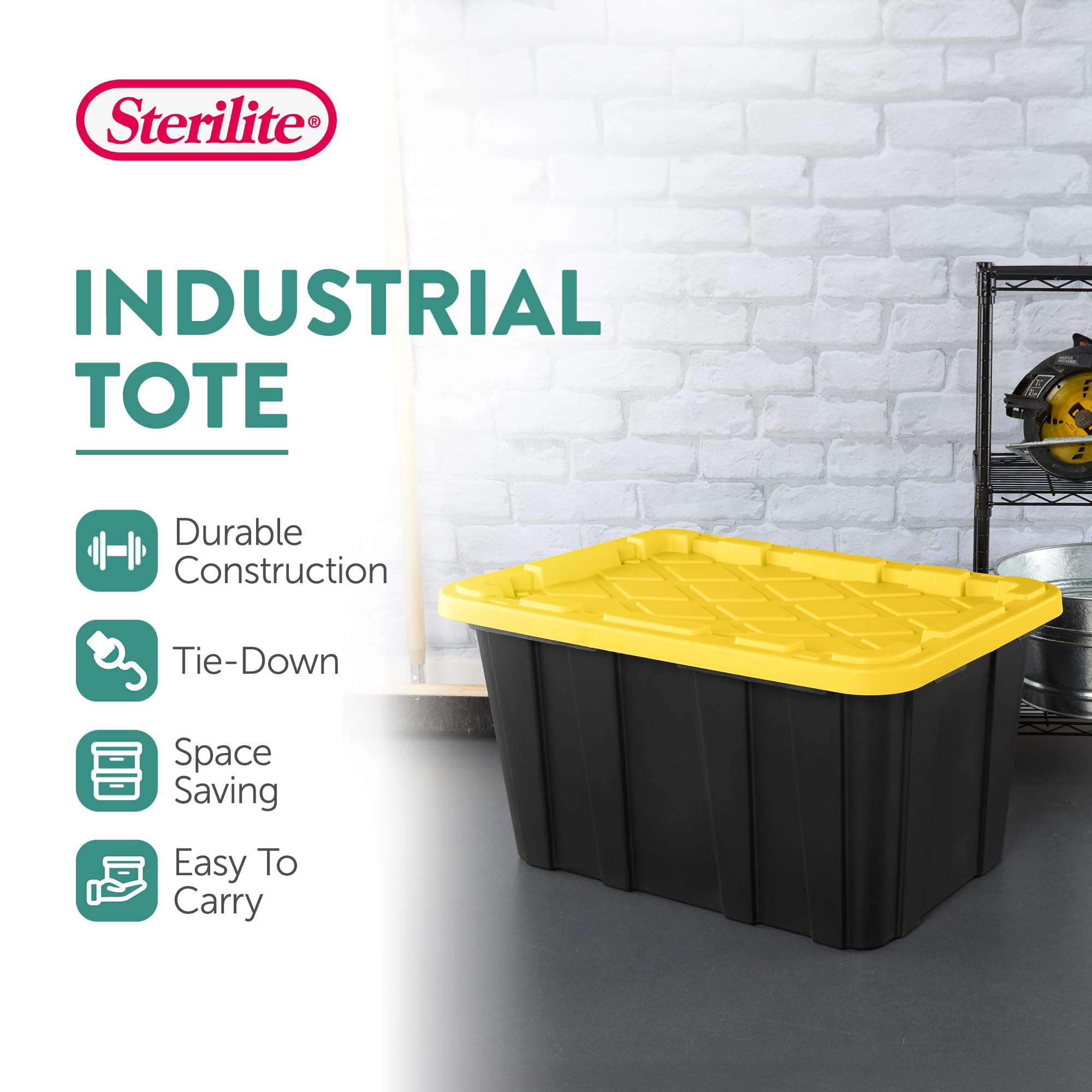 Sterilite 6-Pack Heavy Duty Stackable Storage Bins with Lids - 27 Gallon Black & Yellow Plastic Totes for Home Organization, Garage, and Office Storage