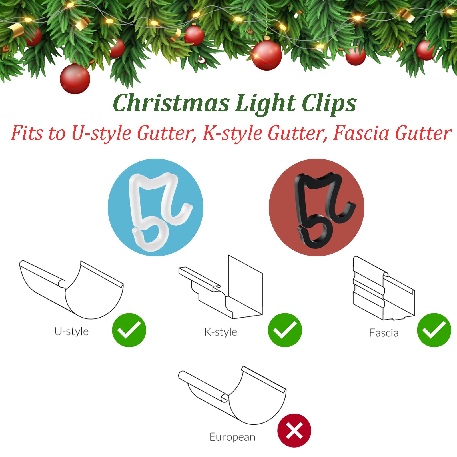 Outdoor Christmas Light Clips - 400 Pack Black for Gutter Hanging