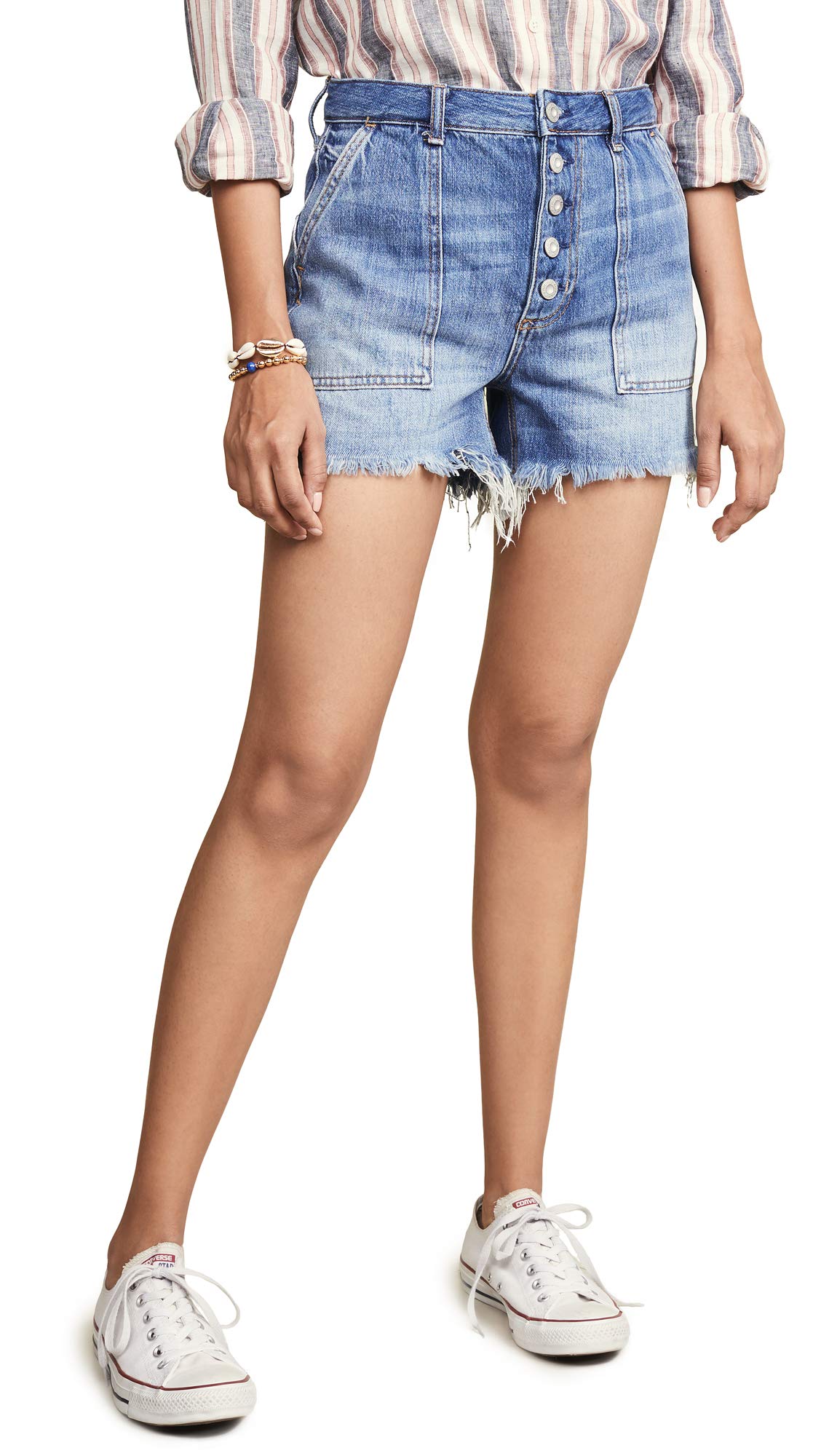 Free People Women's Jesse Carpenter Denim Shorts - High Waist Distressed Vintage Blue Jeans for Summer | Casual Outfit, Beachwear & Street Style Fashion