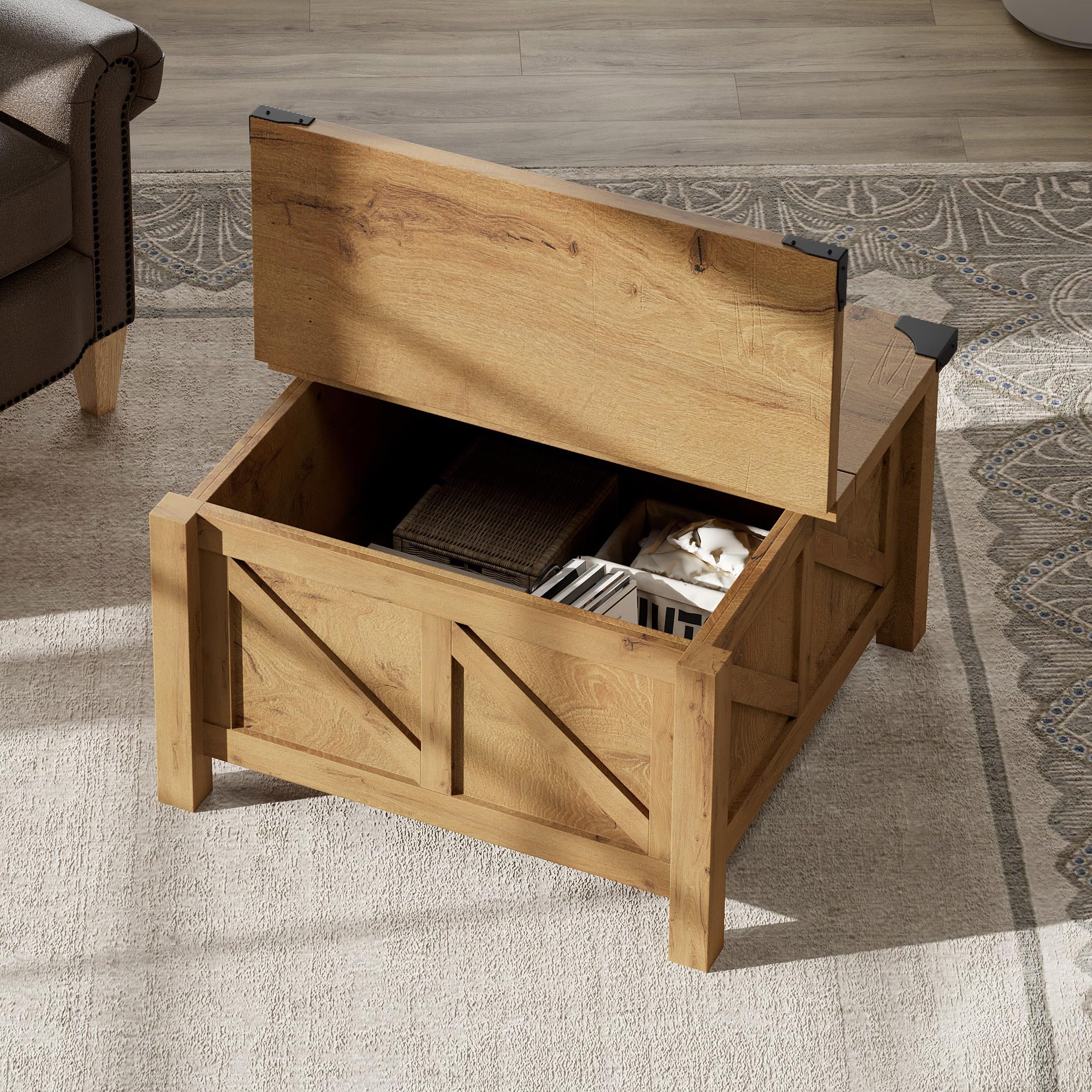 WAMPAT 30x30 Inch Square Farmhouse Coffee Table with Storage - Solid Wood Flip-Top Design with Gas Spring Lift, Metal-Wrapped Corners (Oak Finish) - Perfect for Living Room, Family Gatherings & Small Space Storage Solutions