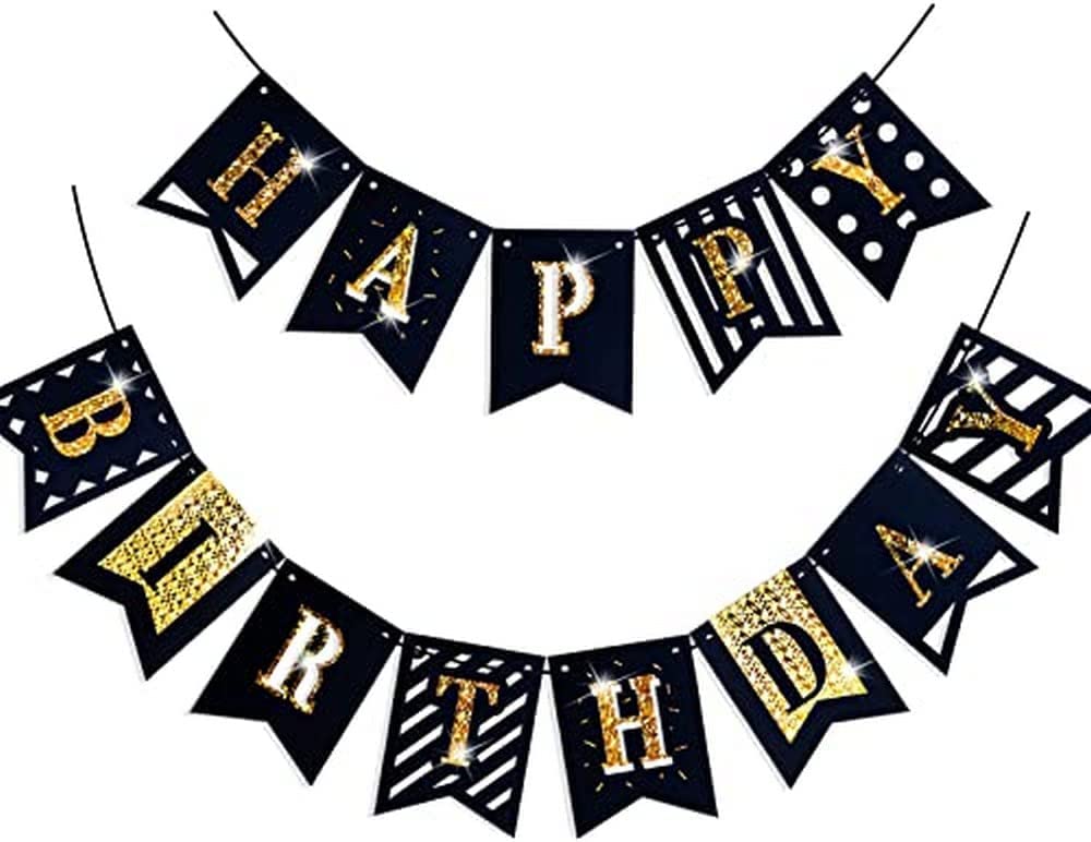 PartyWoo Happy Birthday Banner - Black & Gold Birthday Sign for Party Decorations | Perfect for Birthday Parties, Baby Showers & Anniversary Celebrations