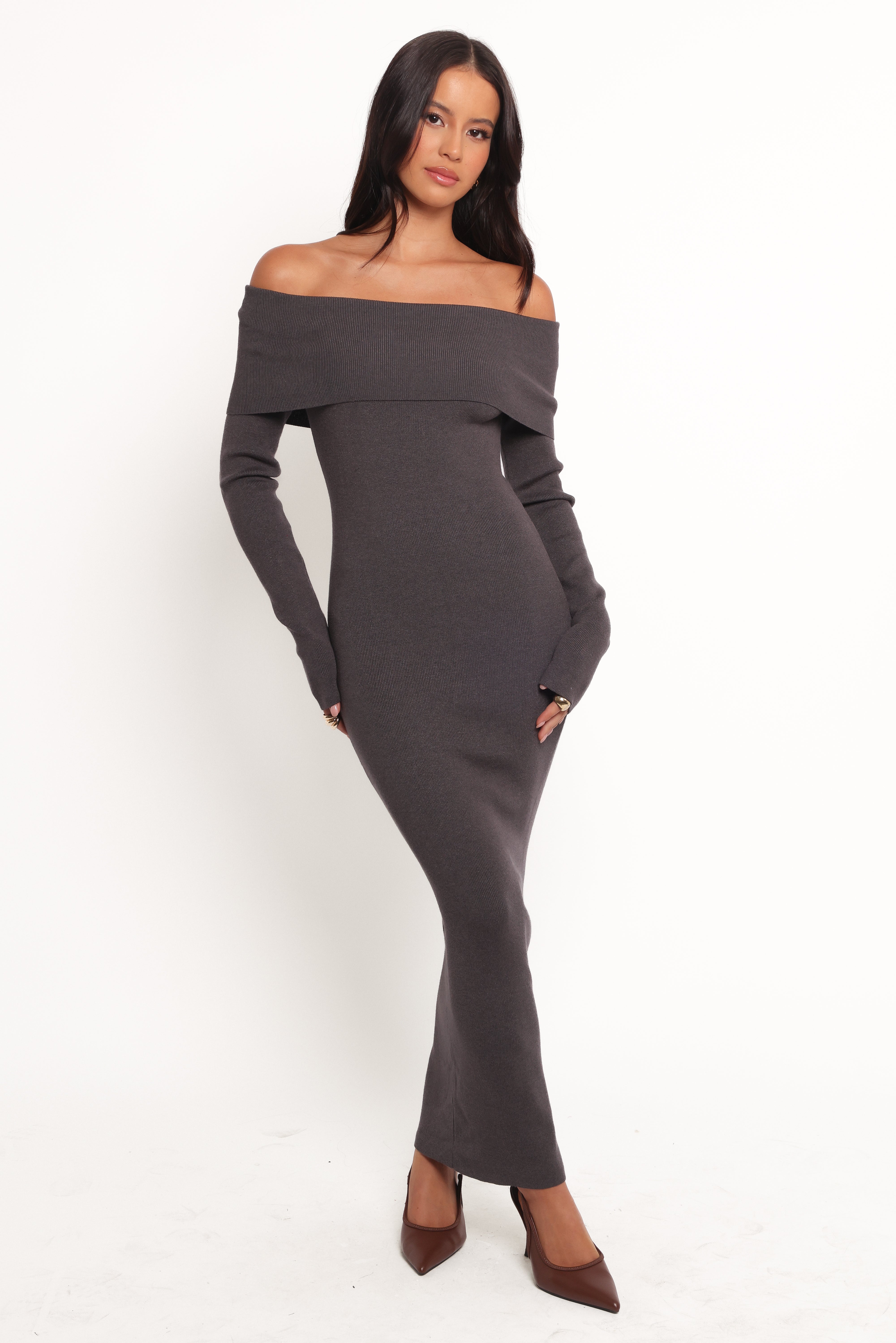 Archie Off The Shoulder Midi Dress for Women - Heathered Charcoal Stretchy Bodycon Dress for Date Night, Cocktail Party & Summer Outings