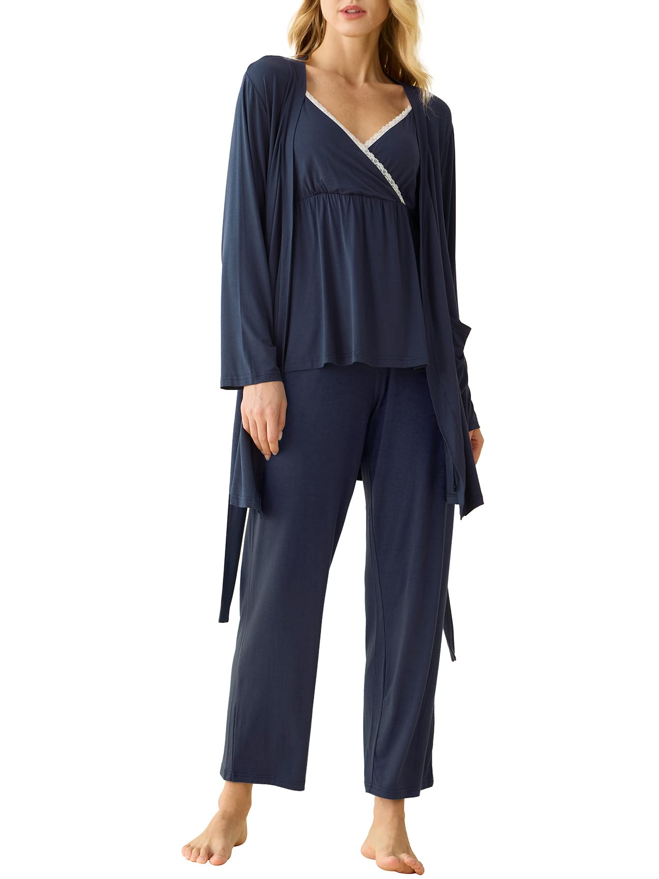 Soft & Comfortable Women's Bamboo Viscose 3-Piece Nursing Pajama Set with Robe - Breathable Maternity Sleepwear for Breastfeeding Moms - Perfect for Nighttime Nursing, Postpartum Recovery & Relaxing at Home