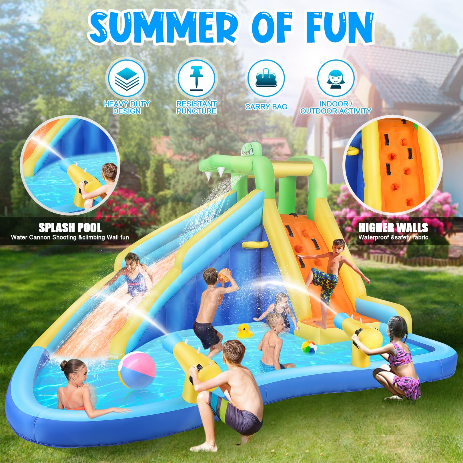 **AKEYDIY Inflatable Water Slide Park with Splash Pool, Water Gun, Ball Shooting & Climbing Wall - Kids Bounce House for Backyard, Summer Parties & Outdoor Fun**    *(Perfect for Birthdays, Family Gatherings, and Summer Water Play!)*