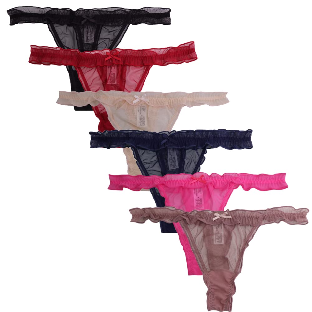 UWOCEKA 6 Pack Sexy Women's Thongs - Lace Ruffle Frilly Mesh Panties Transparent Underwear for Women, Comfortable Daily Wear & Special Occasions